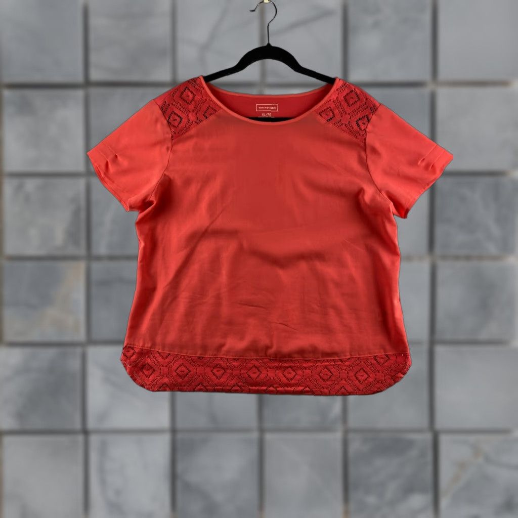Van Heusen Van Heusen Blouse Womens XL Short Sleeve Pleated Laced Hem Round Neck Coral Dress Shirt? Size XL / US 12-14 / IT 48-50 - 1 Thumbnail