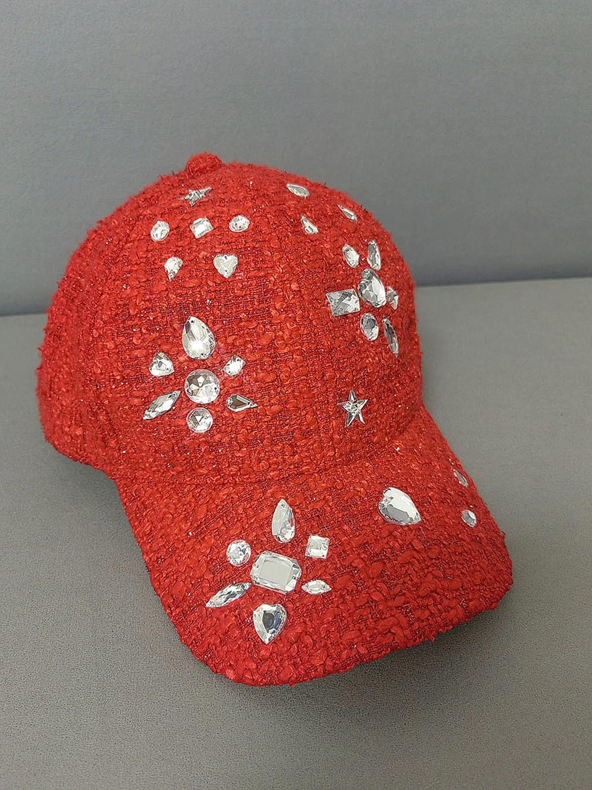 Other Red Embellished Rhinestone Tweed Baseball Cap Size ONE SIZE - 7 Thumbnail