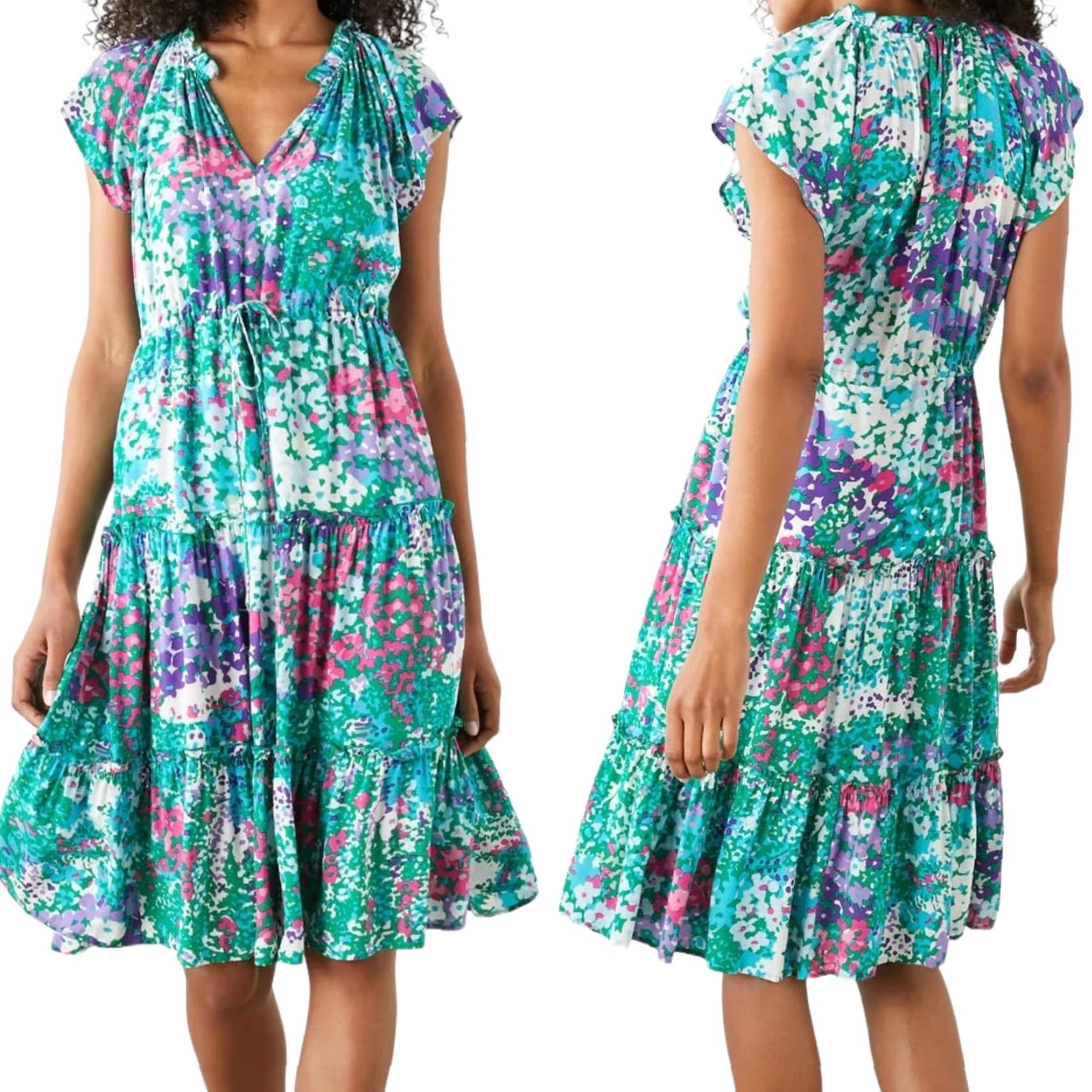 Rails Rails Gardenia Floral Tiered Flutter Dress Womens Small Green Knee Length Vintage No Size S / US 4 / IT 40 - 2 Thumbnail
