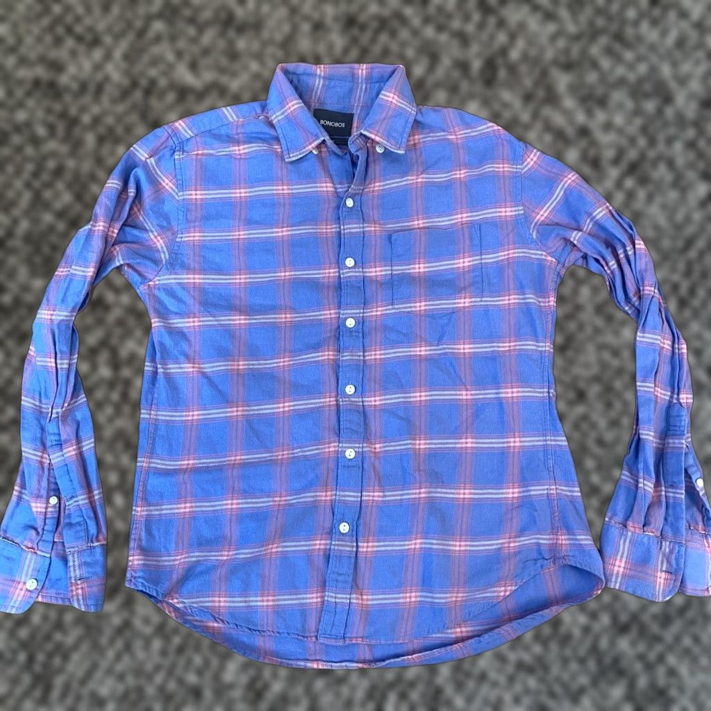 Bonobos Bonobos Shirt Mens Medium Slim Flannel Cotton Plaid Button-Down 40 in Chest Purple Pink Casual Business Travel Mens Size US M / EU 48-50 / 2 - 1 Thumbnail