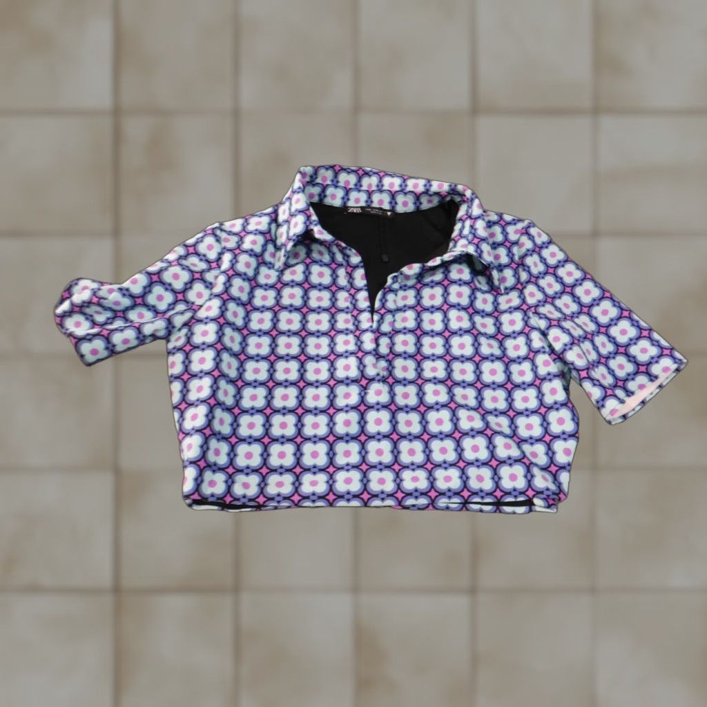 Zara Zara Women Tops M Purple Geometric Collar Polyester Pullover Short Sleeve Blouse Modern Casual Adult Womens Regular Machine Washable Size M / US 6-8 / IT 42-44 - 1 Thumbnail