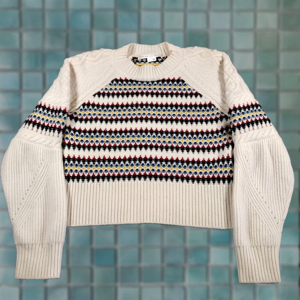 Veronica Beard Veronica Beard Ivory Fair Isle Cable Knit Cropped Sweater L Size L / US 10 / IT 46 - 1 Thumbnail