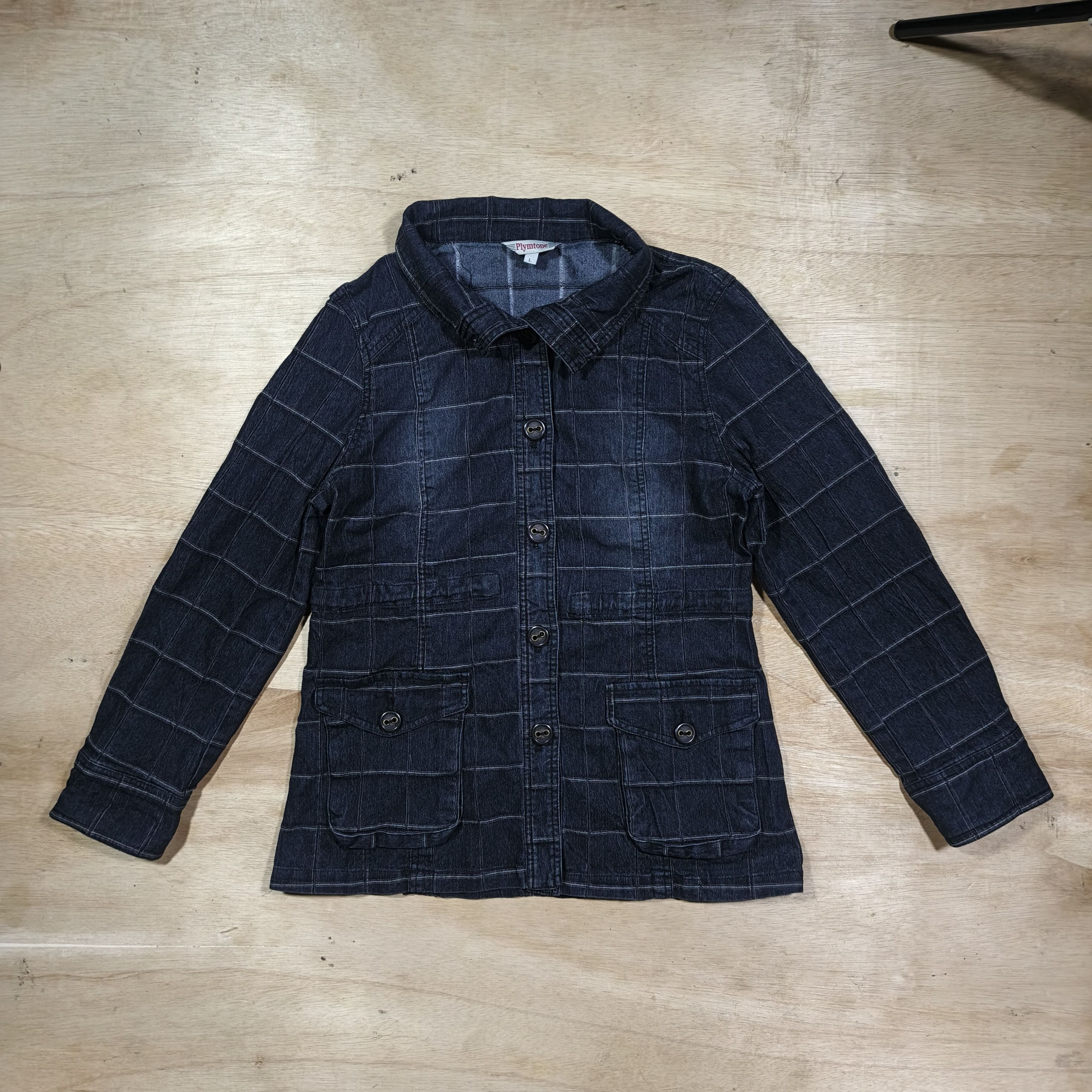 Japanese Brand Plymtone Mock Neck Quilted Grid Pattern Denim Jacket Size L / US 10 / IT 46 - 5 Thumbnail