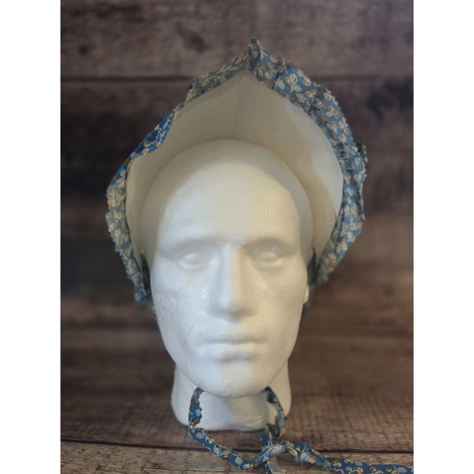 Vintage VINTAGE White Floral Trim Stiff Open Back Bonnet Handmade Prairie Hat 1970s Ladies Women Womens Size ONE SIZE - 2 Thumbnail