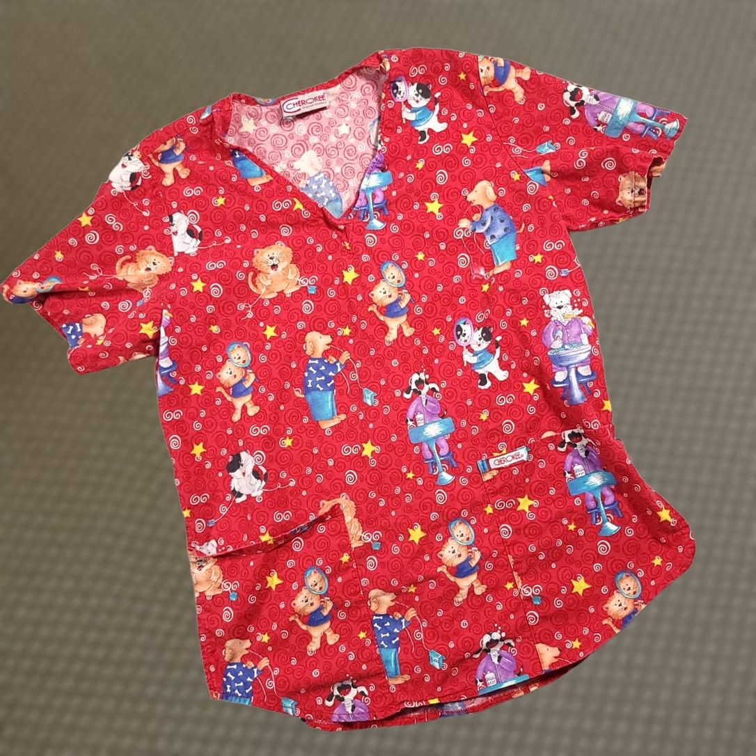 Cherokee Cherokee V-Neck Scrub Shirt Women's Small Red Short Sleeve Dentist Dogs Cats Size S / US 4 / IT 40 - 1 Thumbnail