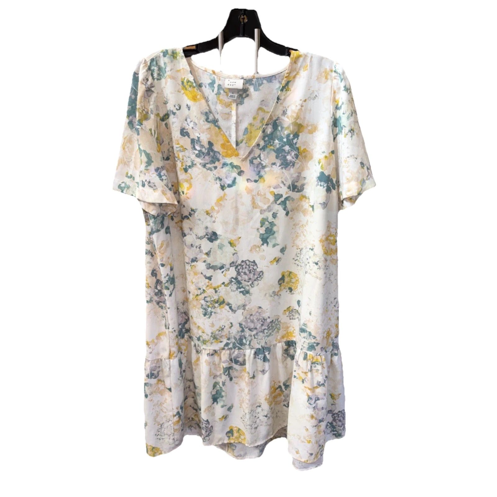 Vintage A New Day Women Ivory Casual Dress L Drop Waist Floral V Neck Short Sleeve Size 36" / US 14 / IT 50 - 8 Thumbnail