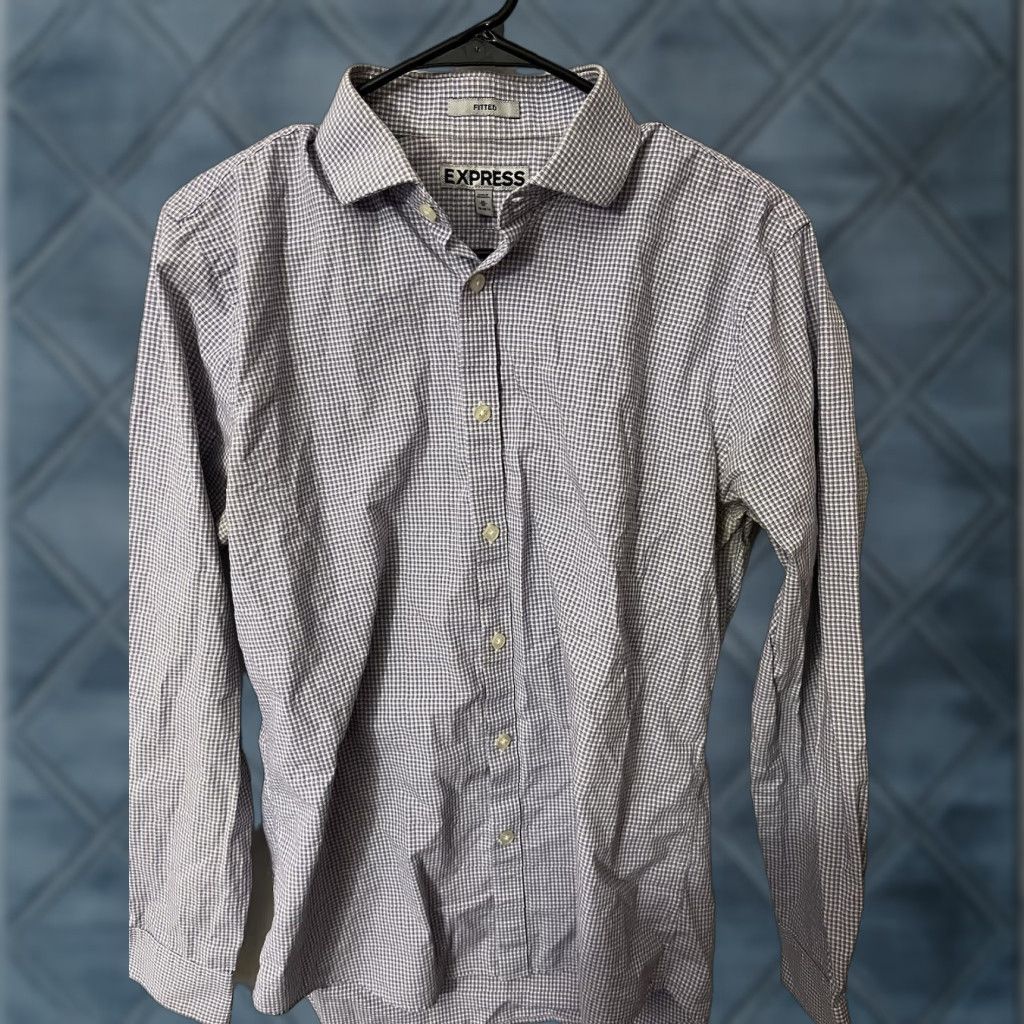 Express Express Dress Shirt Purple Plaid Solid Button Shirt Adult Medium Mens Size 40R - 1 Thumbnail