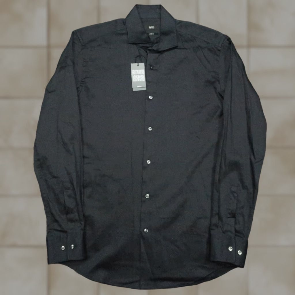HUGO BOSS Shirt Mens 15.5 Dark Blue Jason Slim Fit Stretch Long Sleeve  Button Up Dress