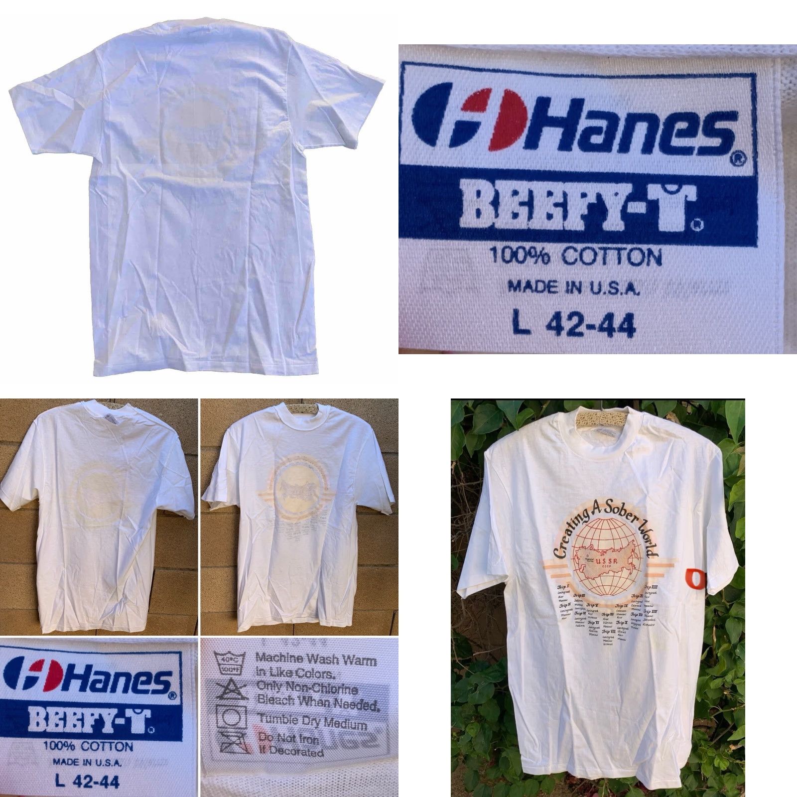 Hanes VINTAGE Creating A Sober World USSR CCCP T Shirt Single Stitch L Men White Cotton Hanes Beefy-T Size US L / EU 52-54 / 3 - 10 Thumbnail