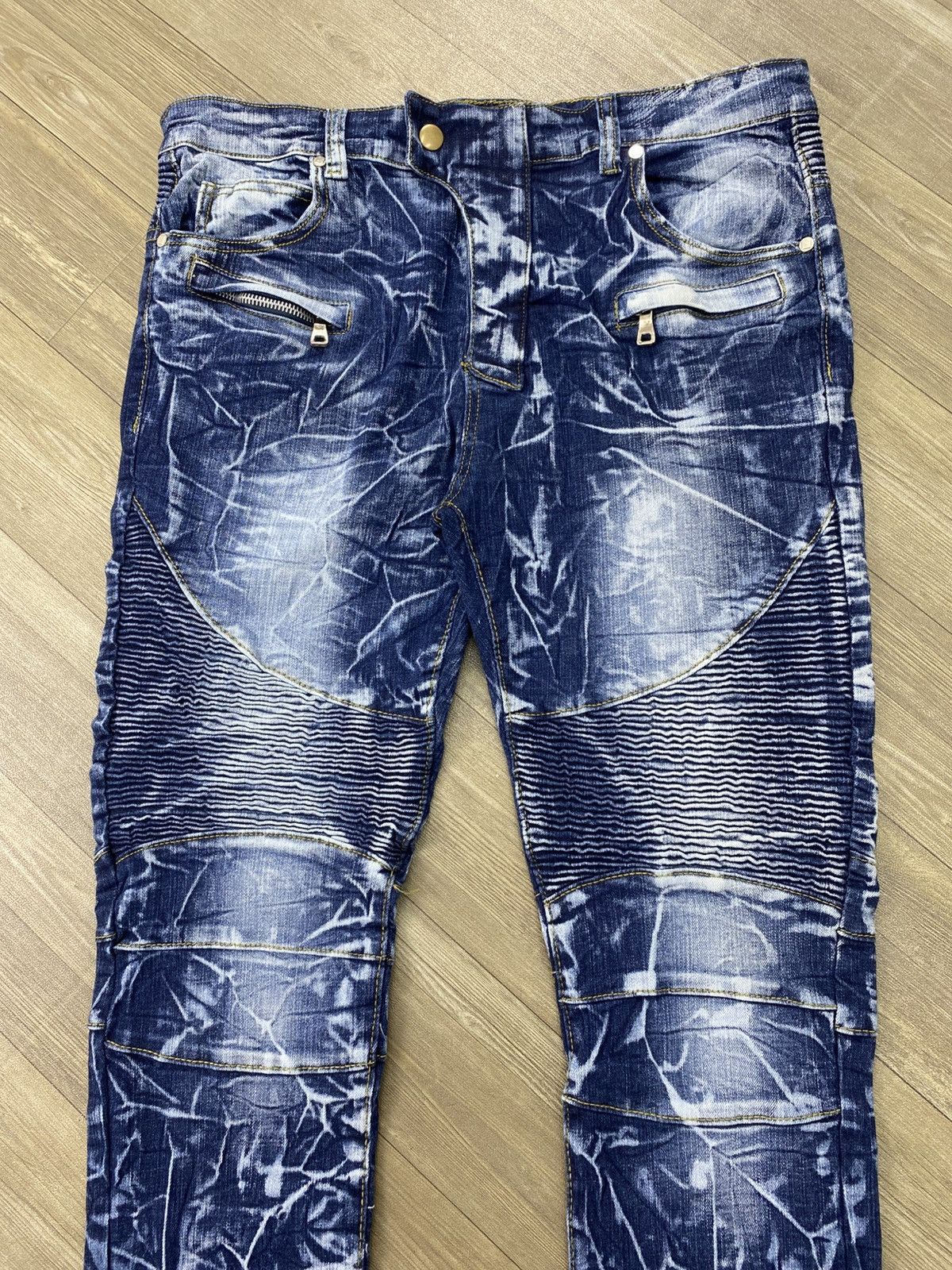 Japanese Brand Japanese Acid Wash Blue Balmain Style Bikers Pants Size US 34 / EU 50 - 2 Thumbnail