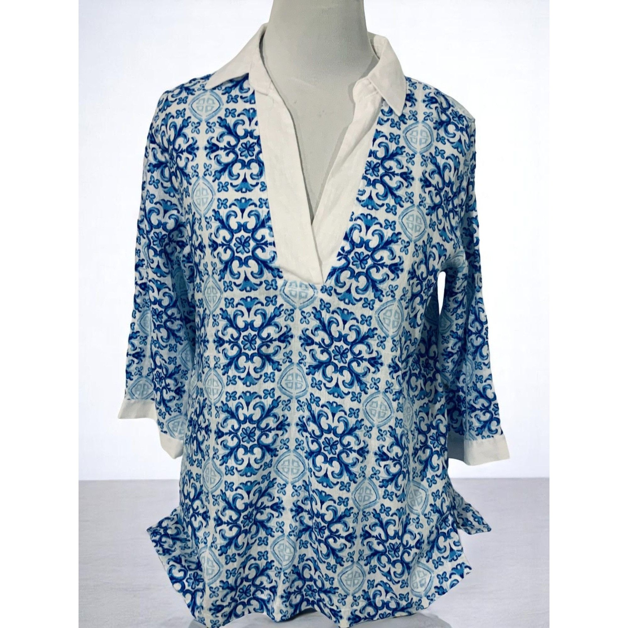 Isaac Mizrahi Isaac Mizrahi Blue White Quarter Sleeve Linen Top Small Size S / US 4 / IT 40 - 7 Thumbnail