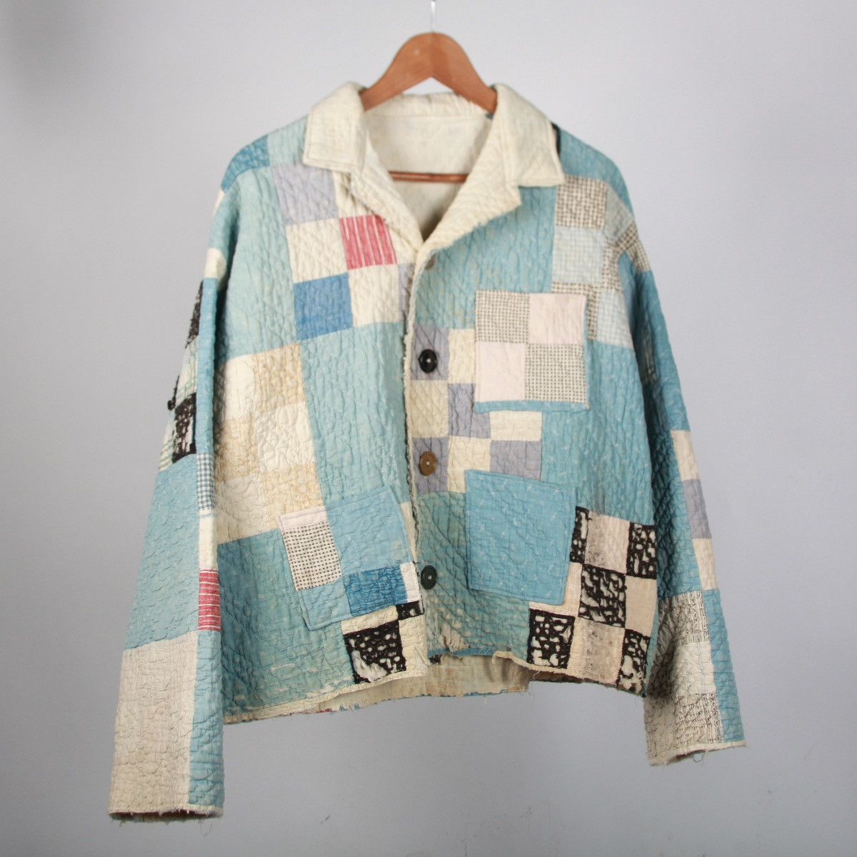 Antique Thrashed Chore Nine Patch Quilt Jacket Handmade