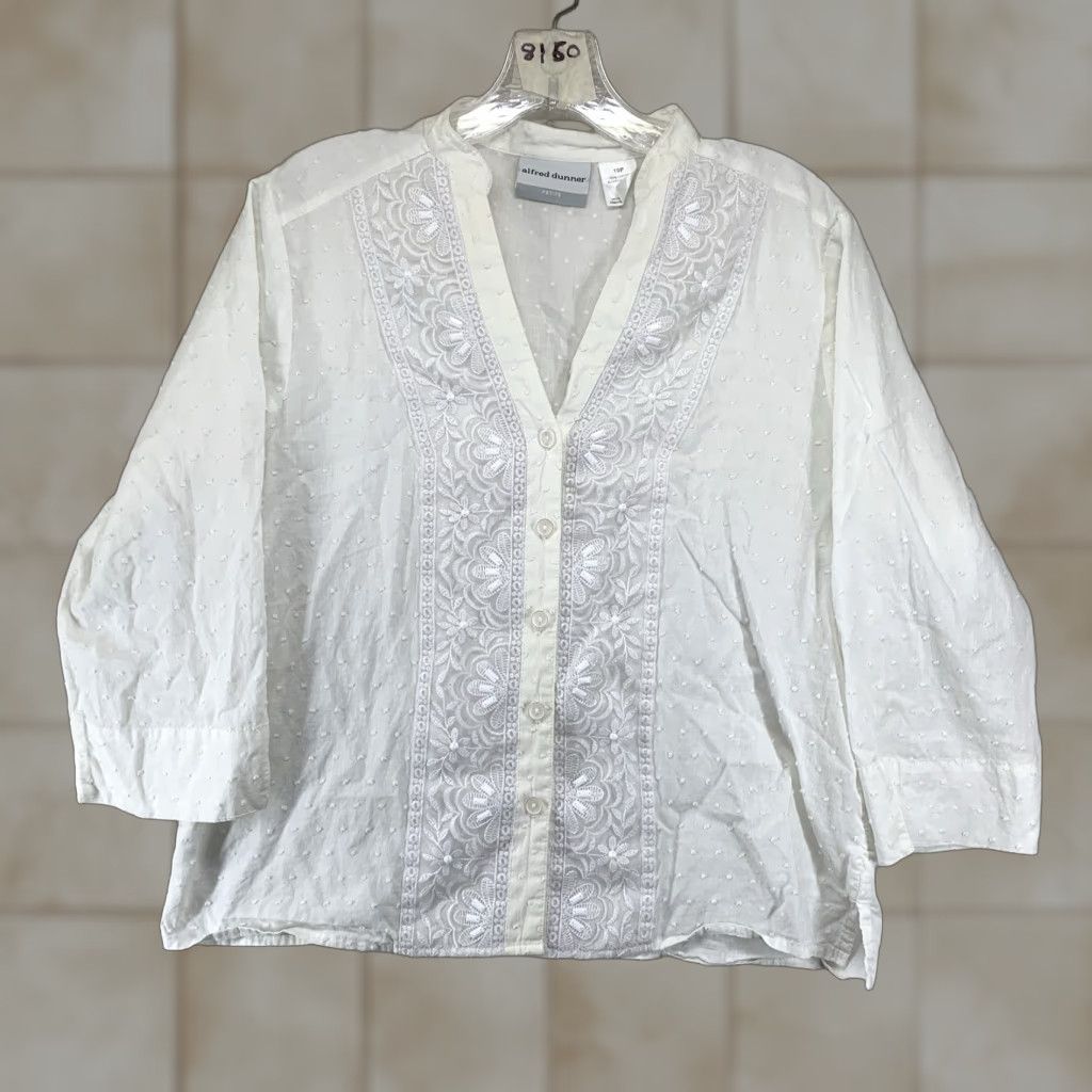 Eileen Fisher Eileen Fisher Women 10P White Textured Cotton V-Neck Sheer Bohemian Long Sleeve Button Top Size L / US 10 / IT 46 - 1 Thumbnail