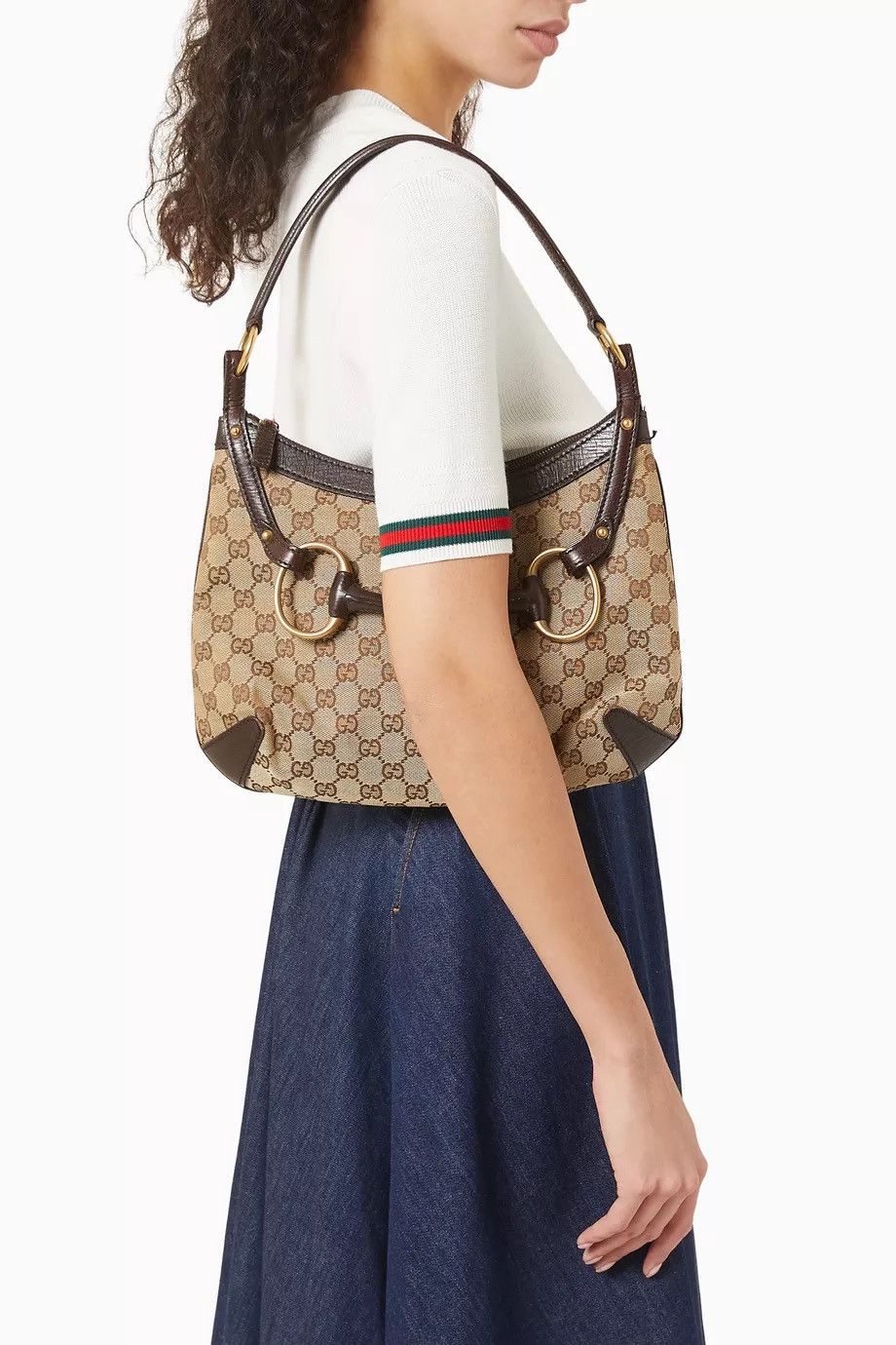 Gucci 2000s Large Horsebit Shoulder Bag GG Monogram Canvas