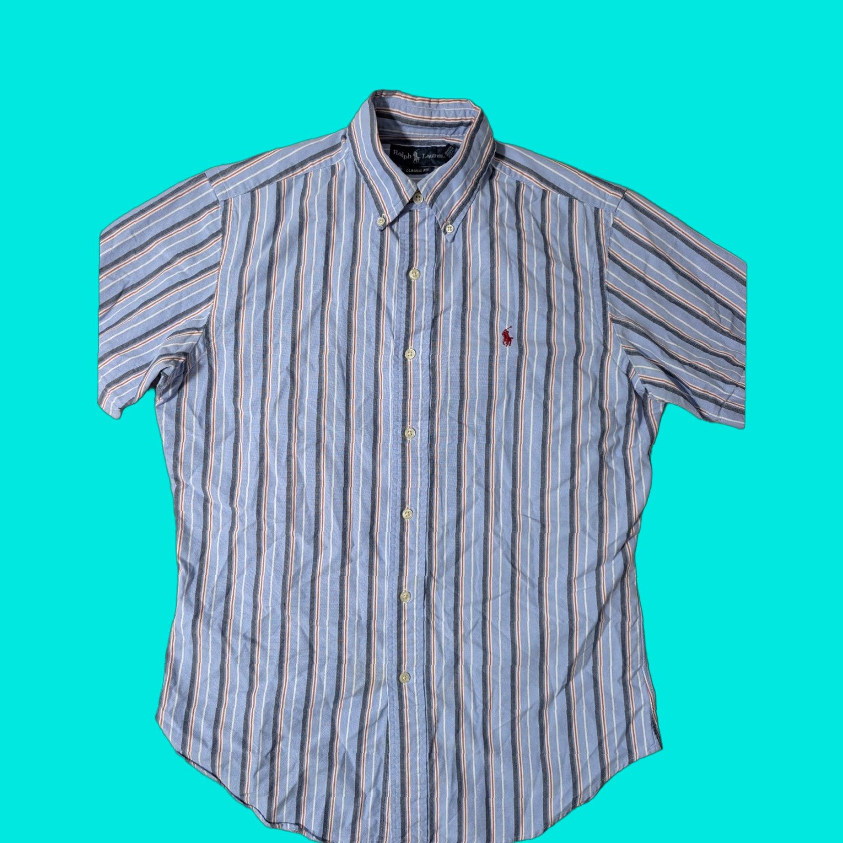 Ralph Lauren Ralph Lauren Button-Down Shirt Mens Sm Blue Striped Classic Fit Short Sleeve Multicolor Embroidered Pony Ballpoint Button-Up Shirt Size US S / EU 44-46 / 1 - 1 Thumbnail
