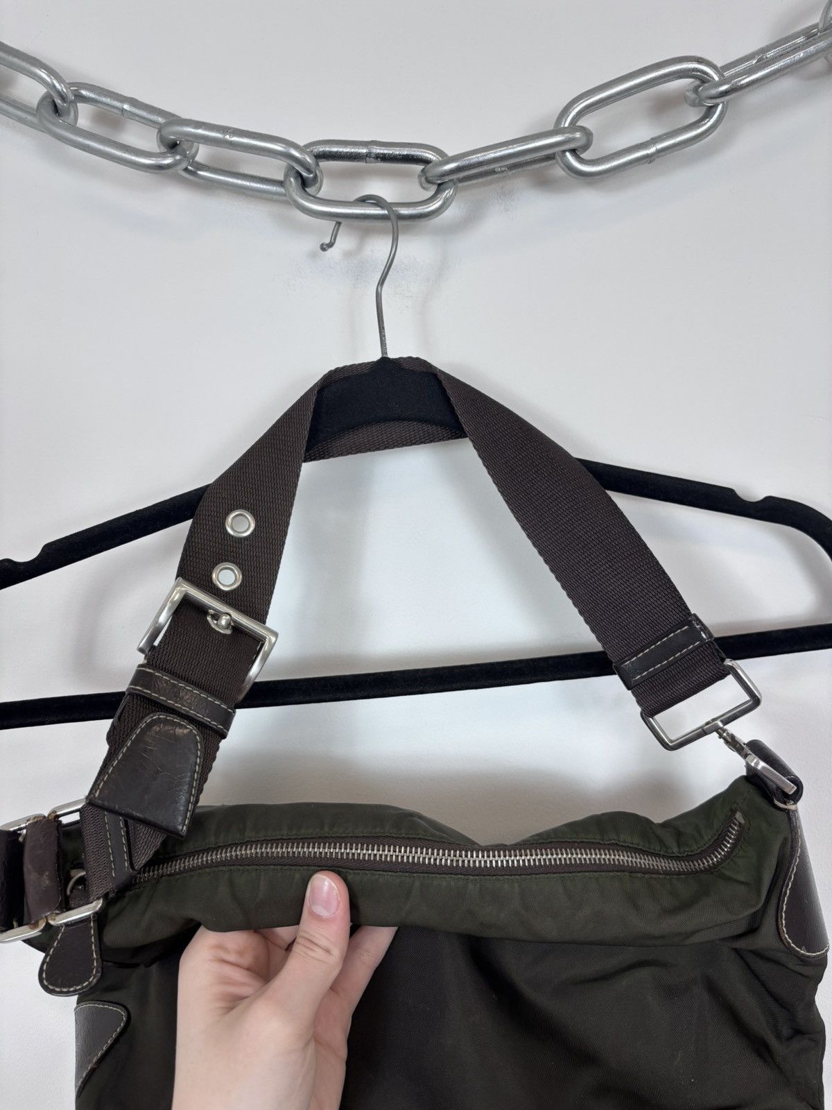 Prada Prada Khaki Tessuto Triangle Logo Nylon/Leather Shoulder Bag Size ONE SIZE - 15 Thumbnail