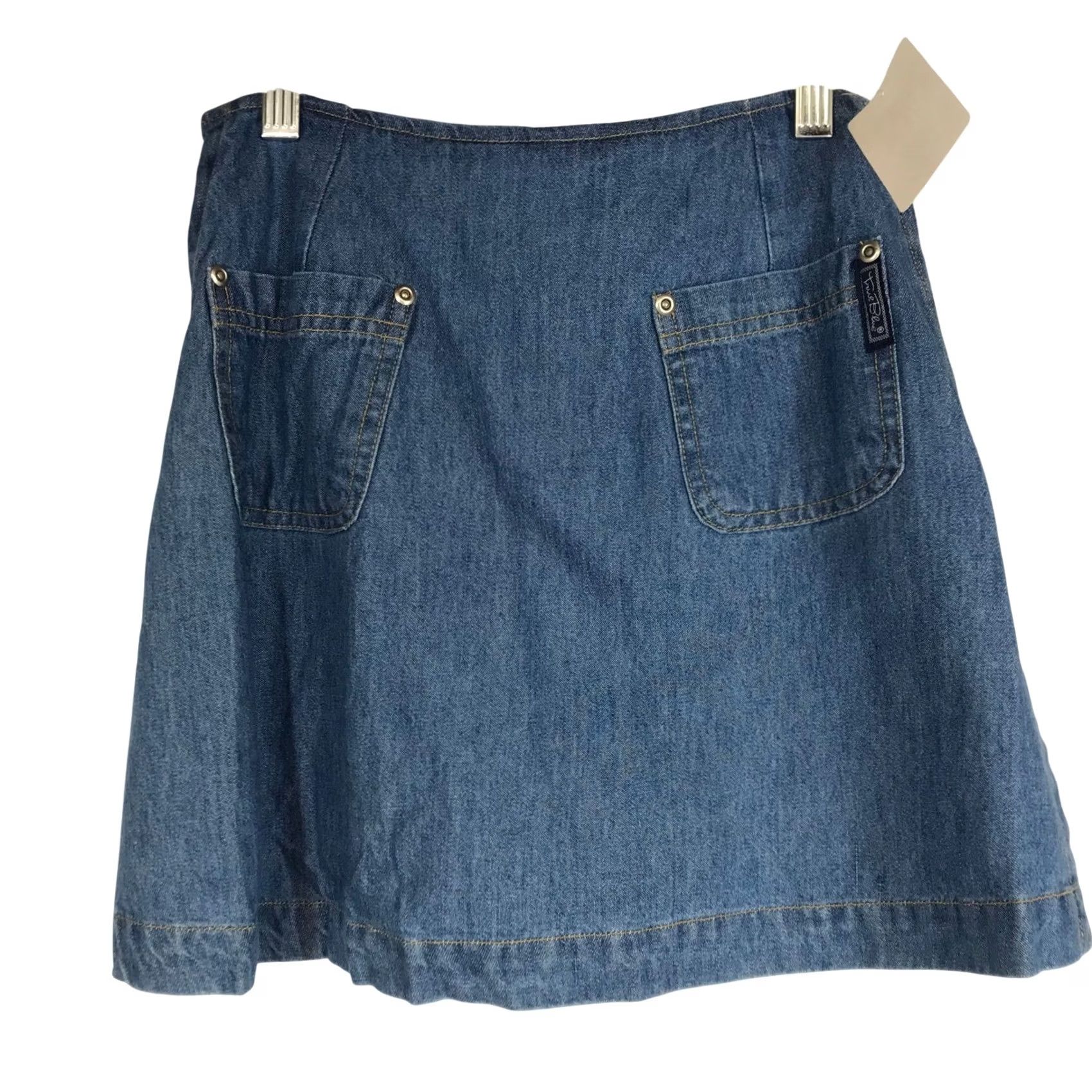 Denime VINTAGE True Blue Denim Skirt Tie Waist A-Line Short Women 5/6 Blue Cotton Pockets Slit Tan? (Note: There is an error) Size 27" / US 4 / IT 40 - 2 Thumbnail