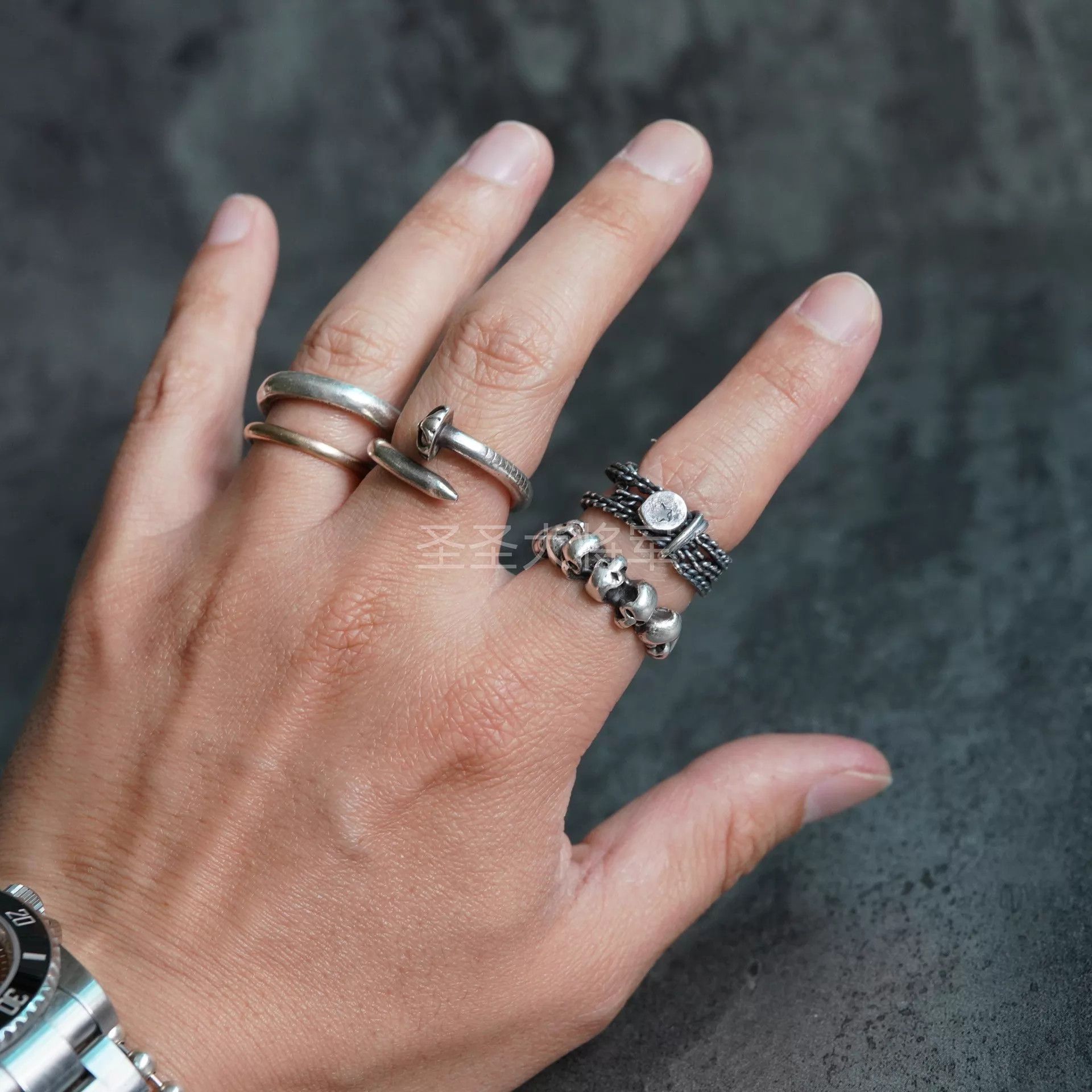 DETAJ Detaj Distressed Star Logo Sterling Silver & Black Rope Ring Size ONE SIZE - 3 Thumbnail