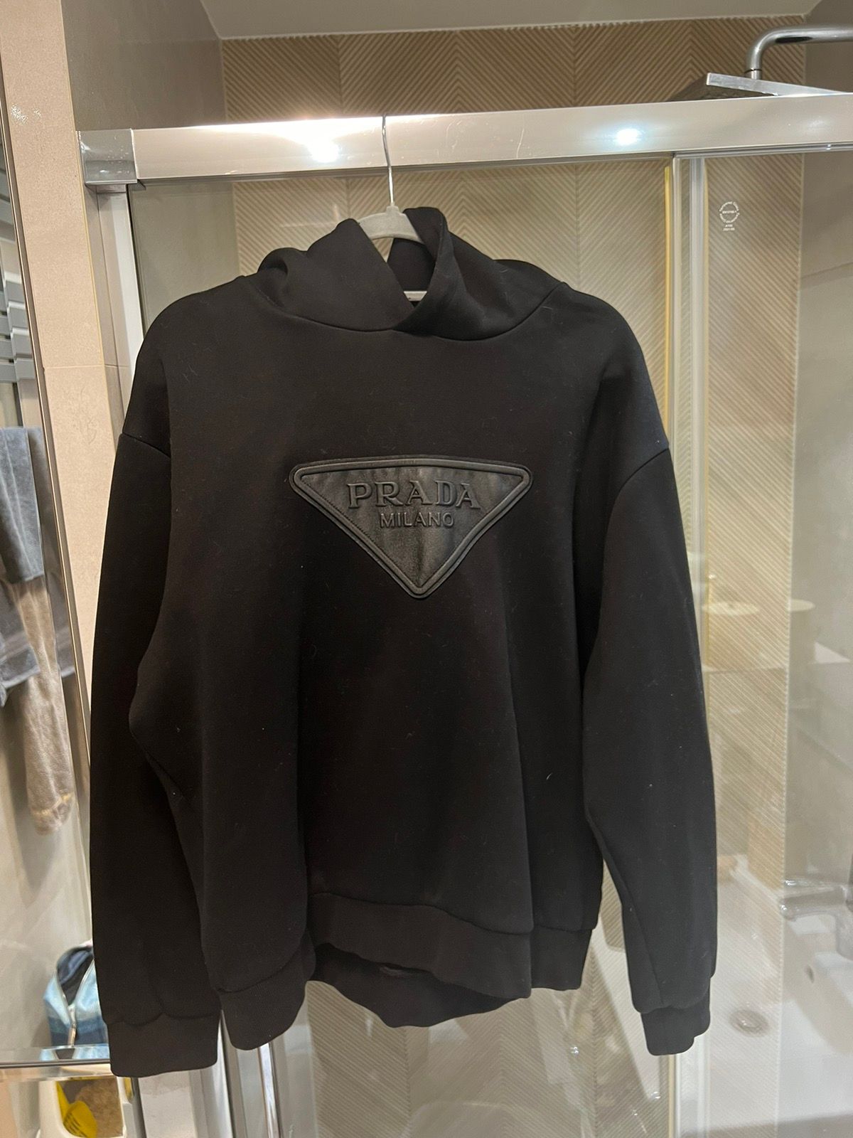 Pre-owned Prada Leather Patch Logo Hoodie In Black