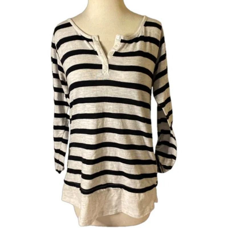 Other Poof Striped Henley Top Black White Long Sleeve Cotton L Size L / US 10 / IT 46 - 3 Thumbnail