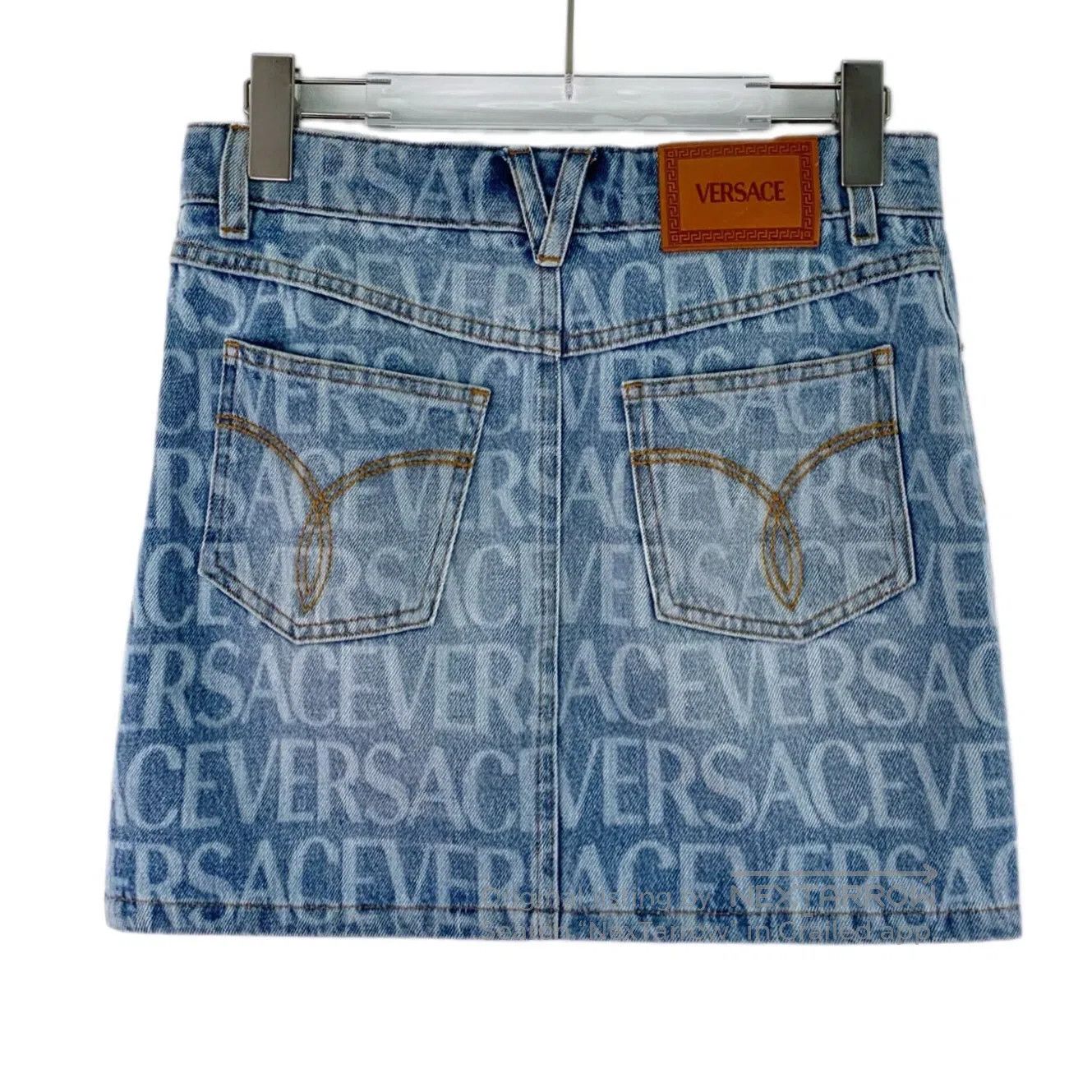 Versace Versace Blue Logo Letter Printed Cotton Denim Skirt Short Size 37" - 2 Thumbnail
