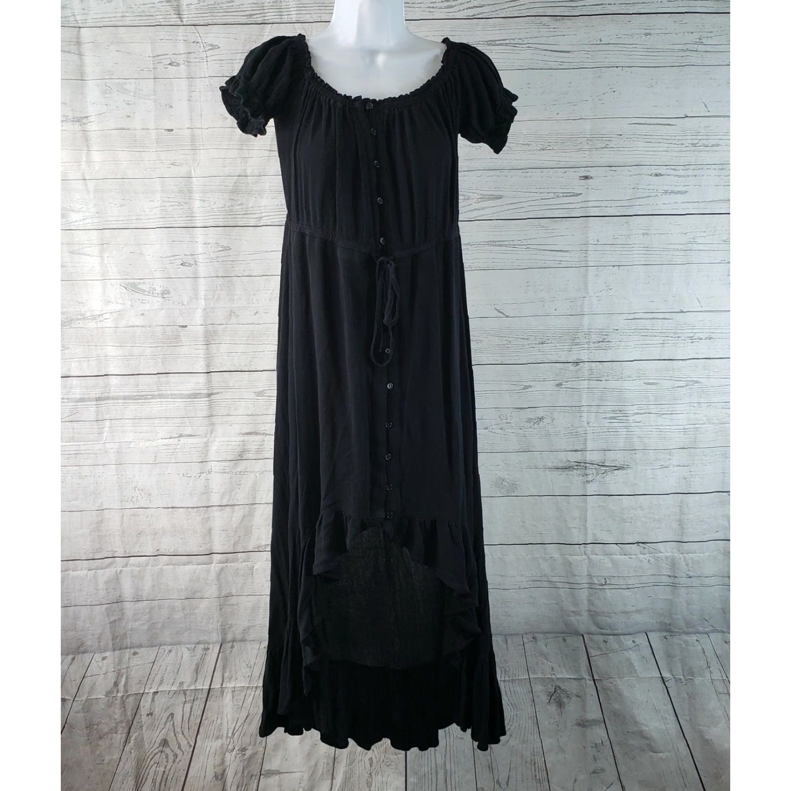 Vintage Vici Womens Dress High-Low Button Front Sz Small Black Short Sleeve Rayon Size 28" / US 6 / IT 42 - 2 Thumbnail