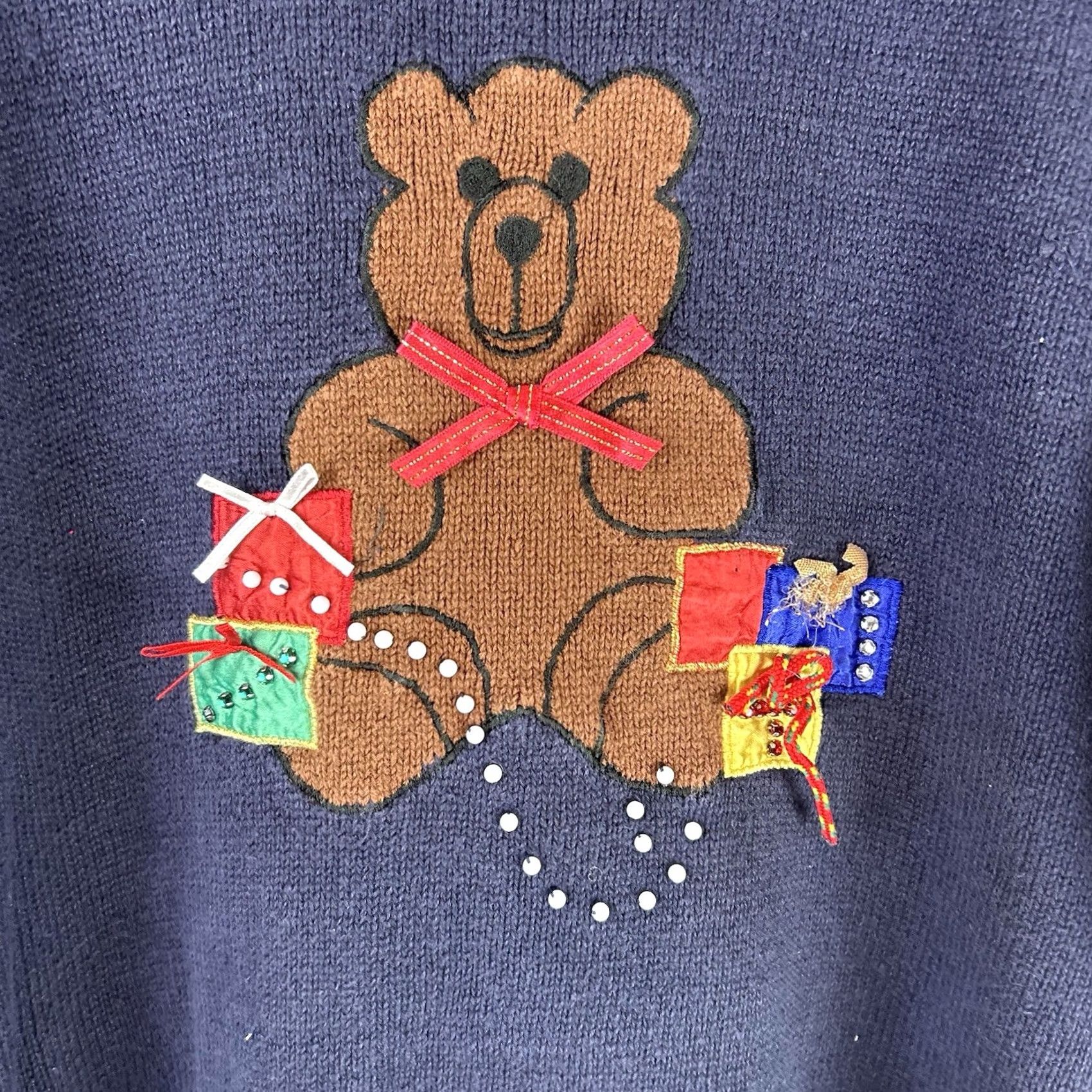 Vintage VINTAGE Ugly Christmas Sweater Leslie Fay Women's XL 1994 Bear Presents Blue Cotton Blend 1990s Christmas Mens Womens Size XL / US 12-14 / IT 48-50 - 2 Thumbnail