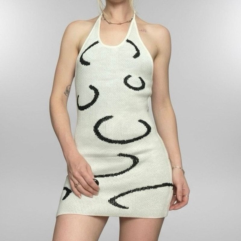 Cider Cider White & Black Knit Halter Neck Open Back Mini Dress Size S / US 4 / IT 40 - 1 Thumbnail