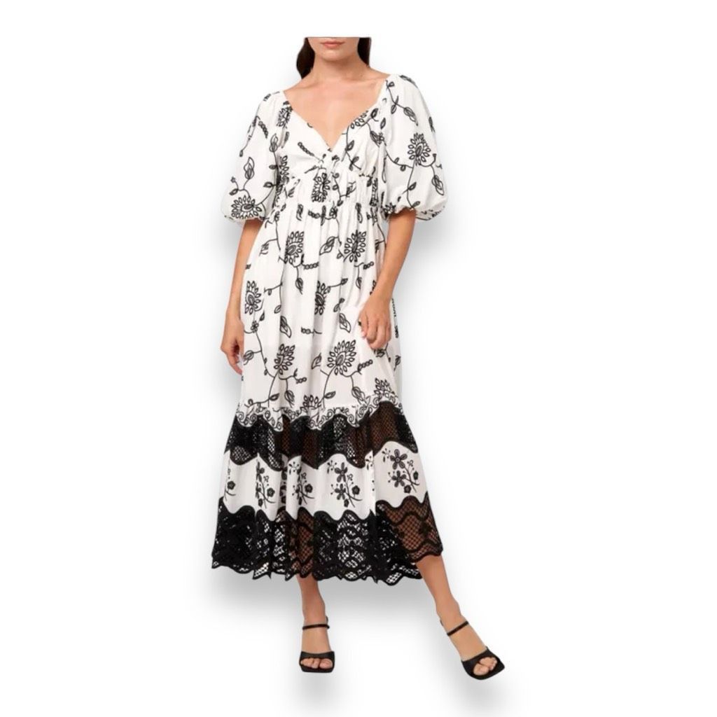 Other Ciebon Serbita Floral Embroidered Black White Puff Sleeve Dr Size XL / US 12-14 / IT 48-50 - 1 Thumbnail
