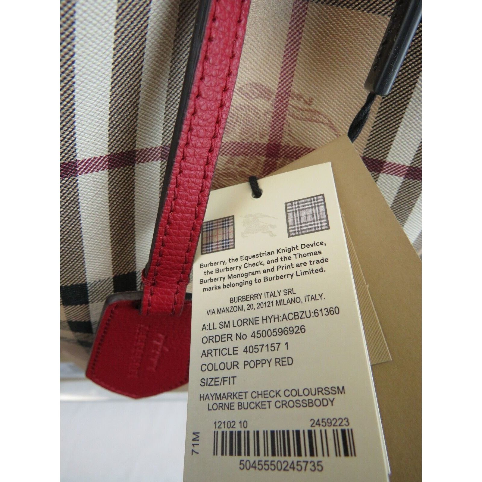 Burberry LORNE RED LEATHER HAYMAKET CHECK CROSSBODY BUCKET SMALL BAG Size ONE SIZE - 9 Thumbnail
