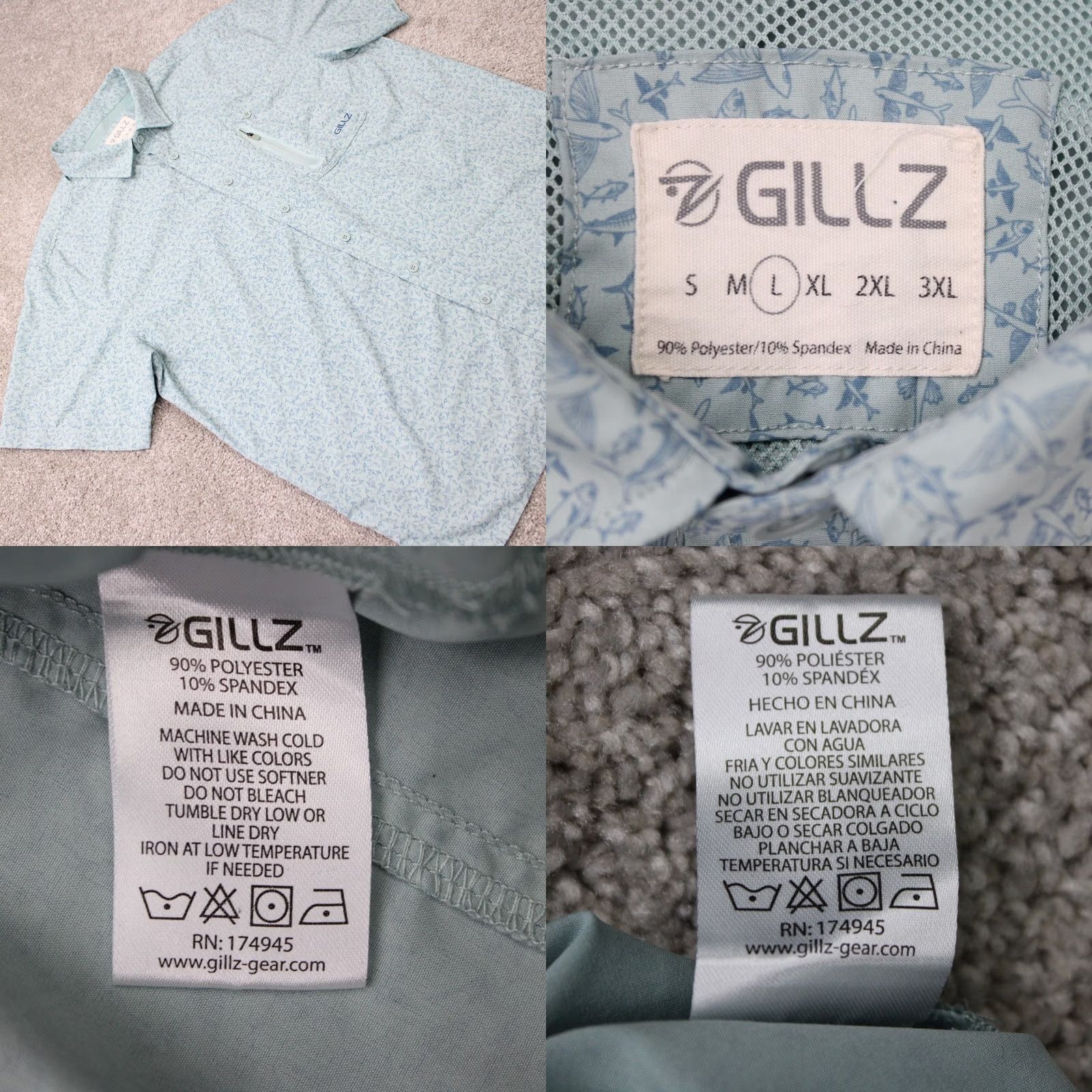 Vintage Gillz AOP Shirt Mens Large Blue Fish All Over Print Polyester Stretch L/S Button Up Shirt Size US L / EU 52-54 / 3 - 8 Thumbnail