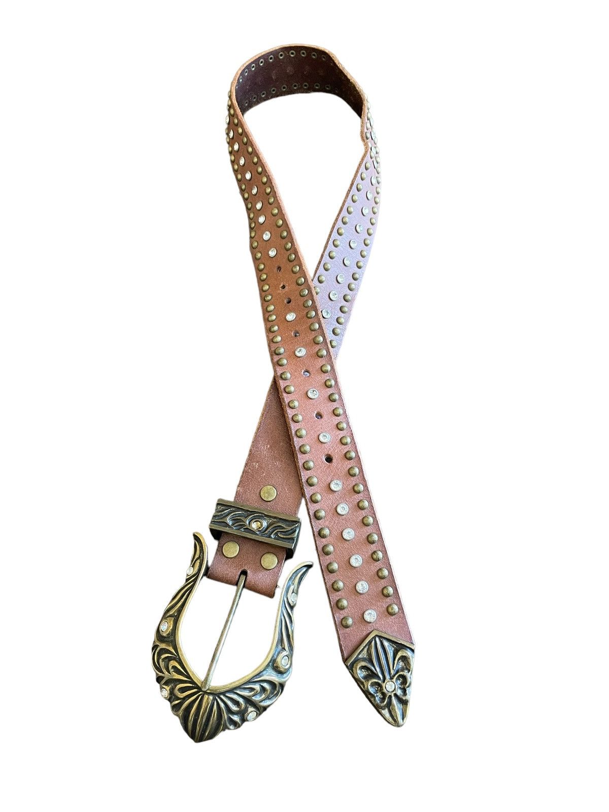 Affliction × If Six Was Nine × Le Grande Bleu (L.G.B.) Vintage Bianro Dagger Rhinestones Studded Brass Leather Belt Size ONE SIZE - 4 Thumbnail
