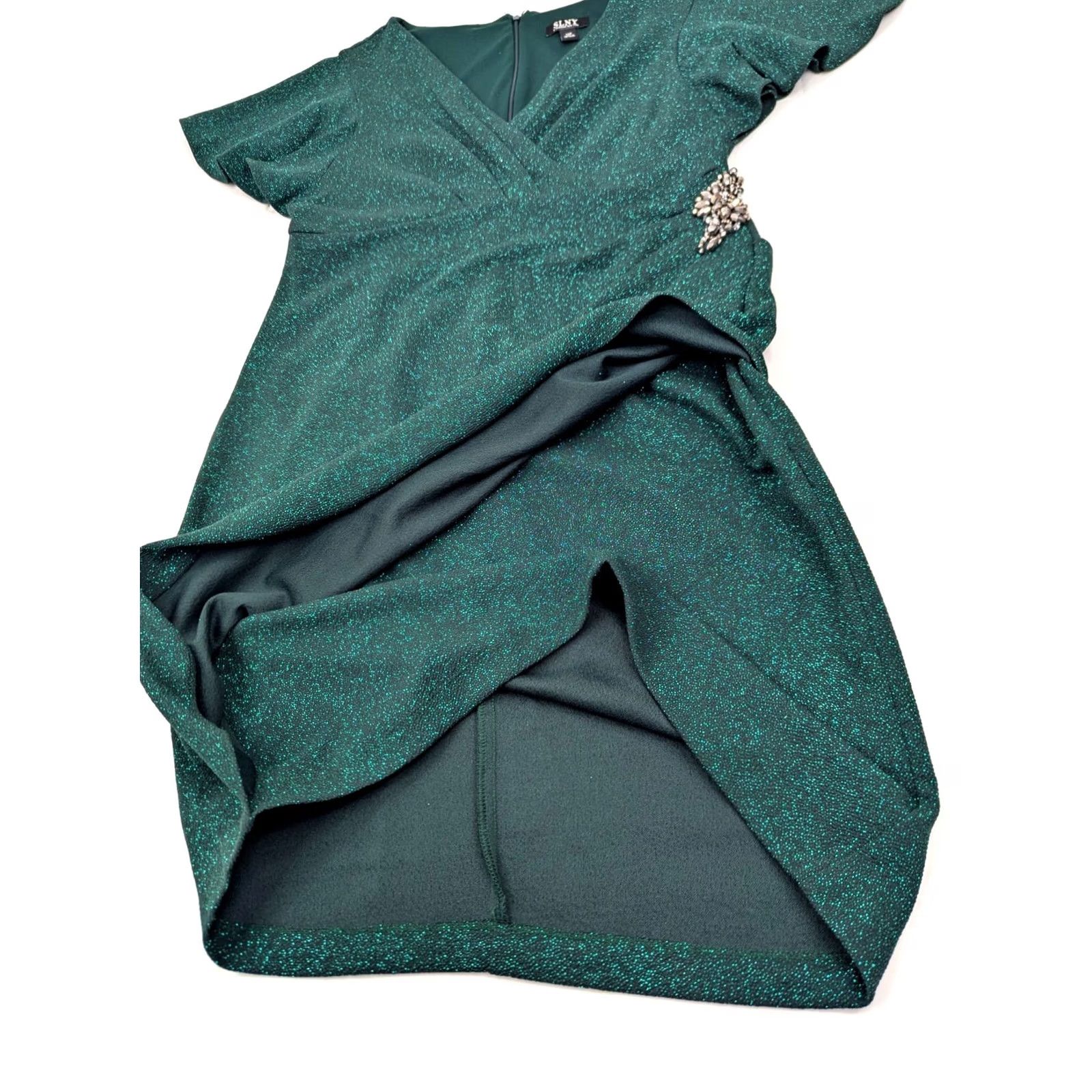 Vintage SLNY Green Glitter Metallic Sheath Dress Women 12P Surplice VNeck Flutter Sleeve Short Sleeve Giftless Size XL / US 12-14 / IT 48-50 - 4 Thumbnail