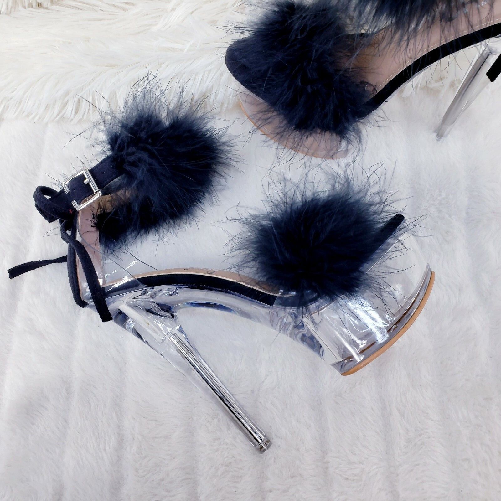 Other Black Marabou Feather Platform Shoes Sandals 6" High Heel Sa Size US 9 / IT 39 - 5 Thumbnail