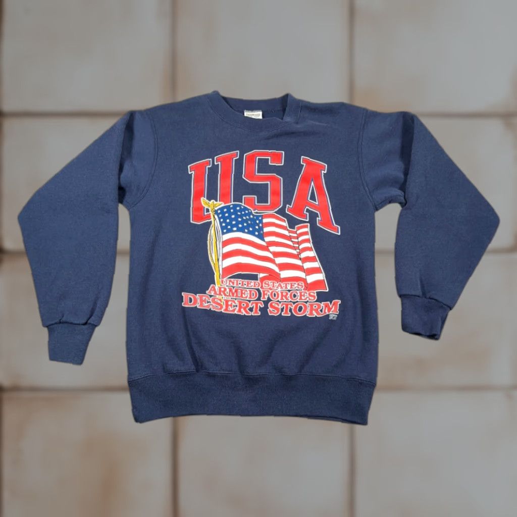 Vintage VINTAGE Desert Storm Sweater Mens Adult MEDIUM Blue USA Military Flag 90s 20 20 Sport Crew Neck Pullover Graphic Print Size US M / EU 48-50 / 2 - 1 Thumbnail