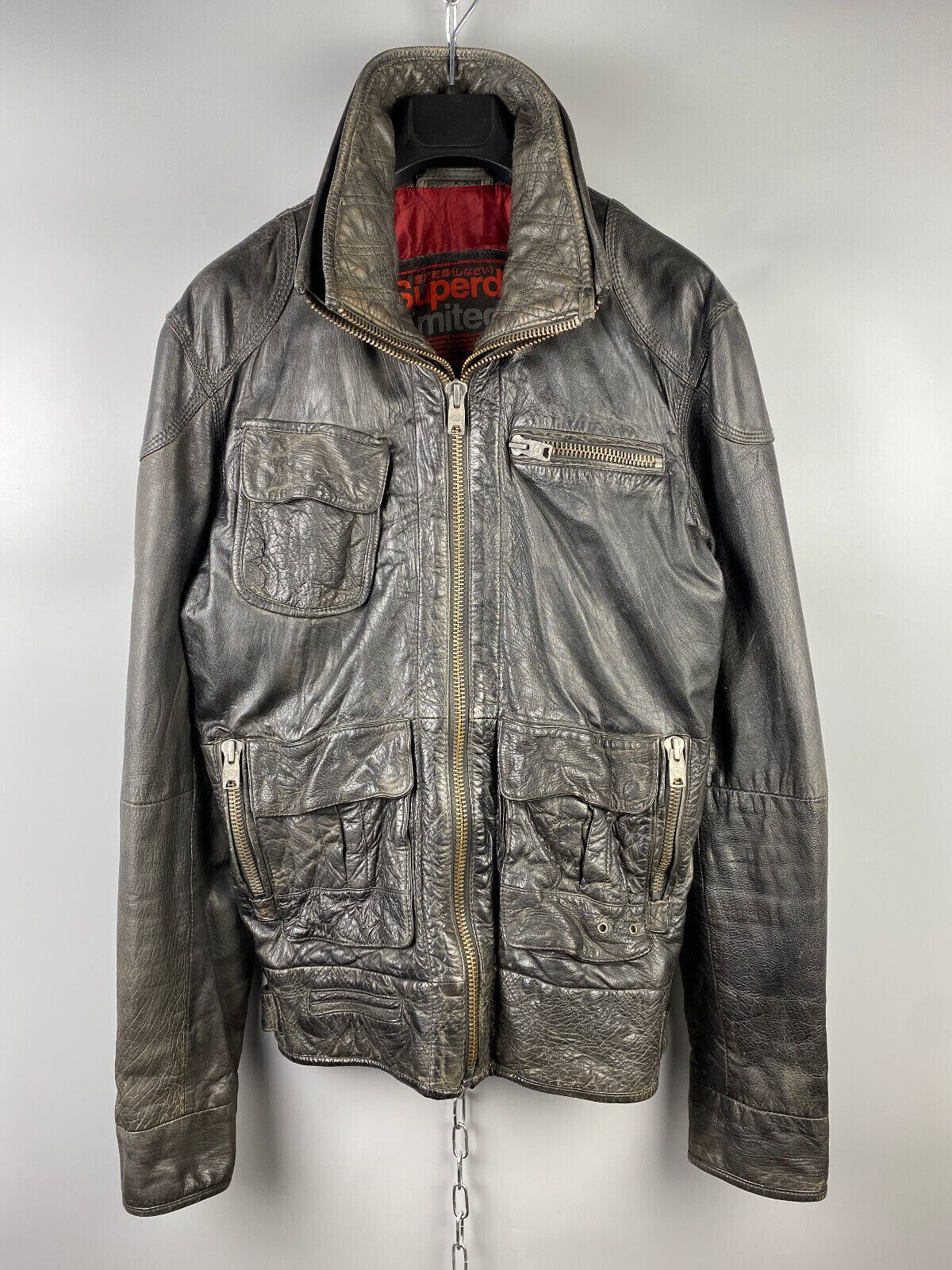 Pre-owned Leather Jacket X Superdry Super Dry Limited Leather Biker Motorcycle Jacket In Grey