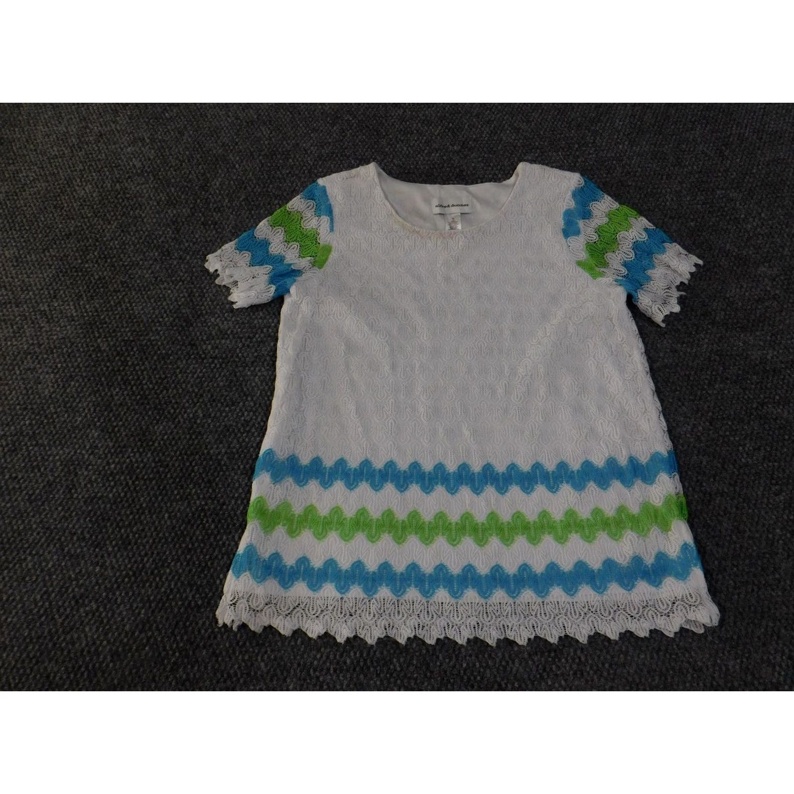 Vintage Alfred Dunner Top Womens S White Blue Green Lace Tunic Short Sleeve Lined Blouse Socop Neck Pattern Striped Size S / US 4 / IT 40 - 2 Thumbnail