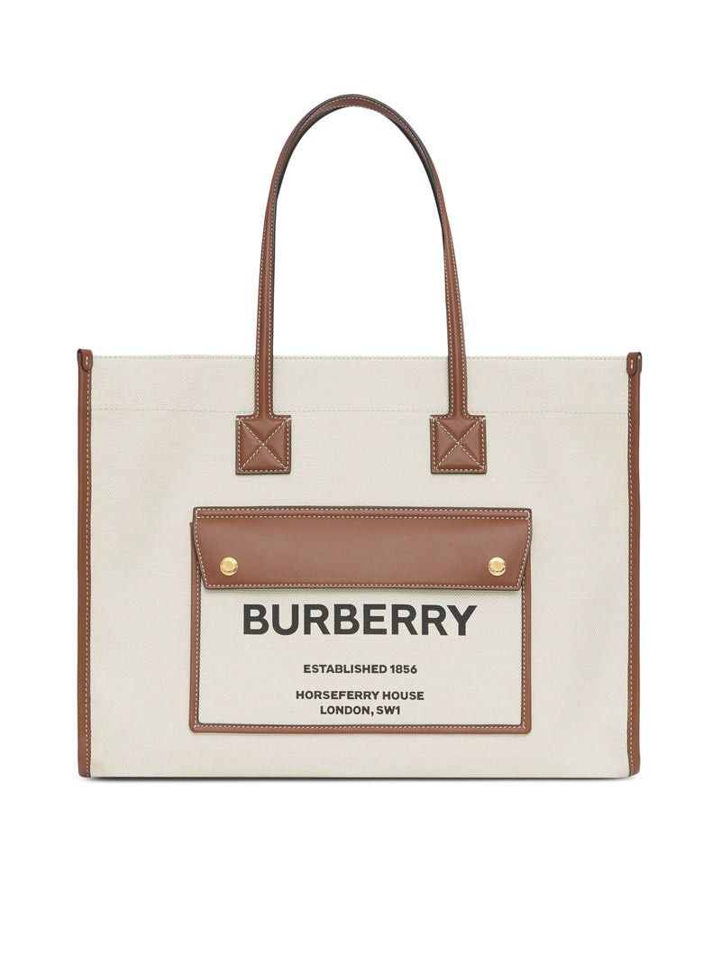 image of Burberry Medium Two-Tone Freya Tote Bag in Beige, Women's