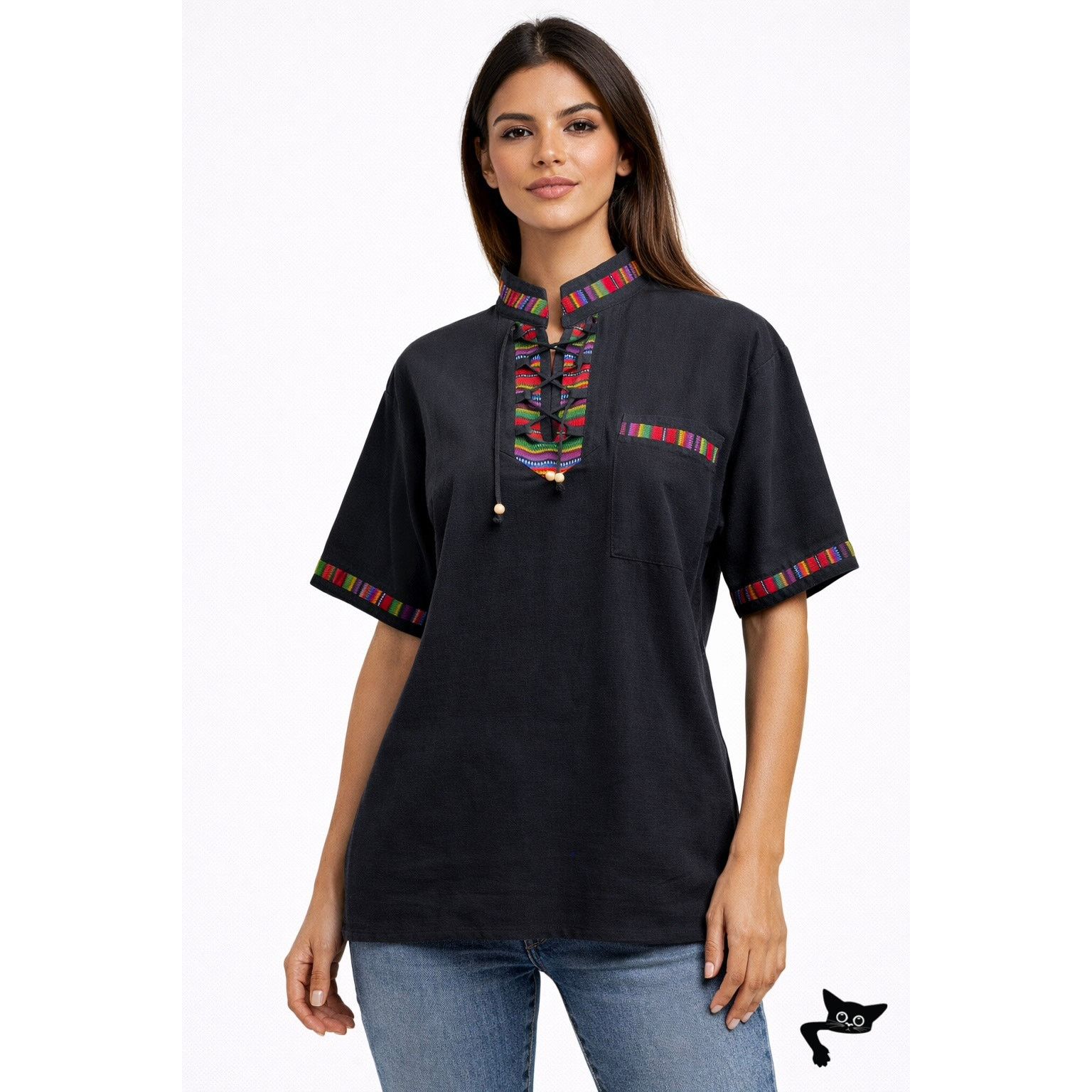 Other Black Boho Tunic Blouse Woven Trim Lace-Up V-Neck Women’s S Size S / US 4 / IT 40 - 2 Thumbnail