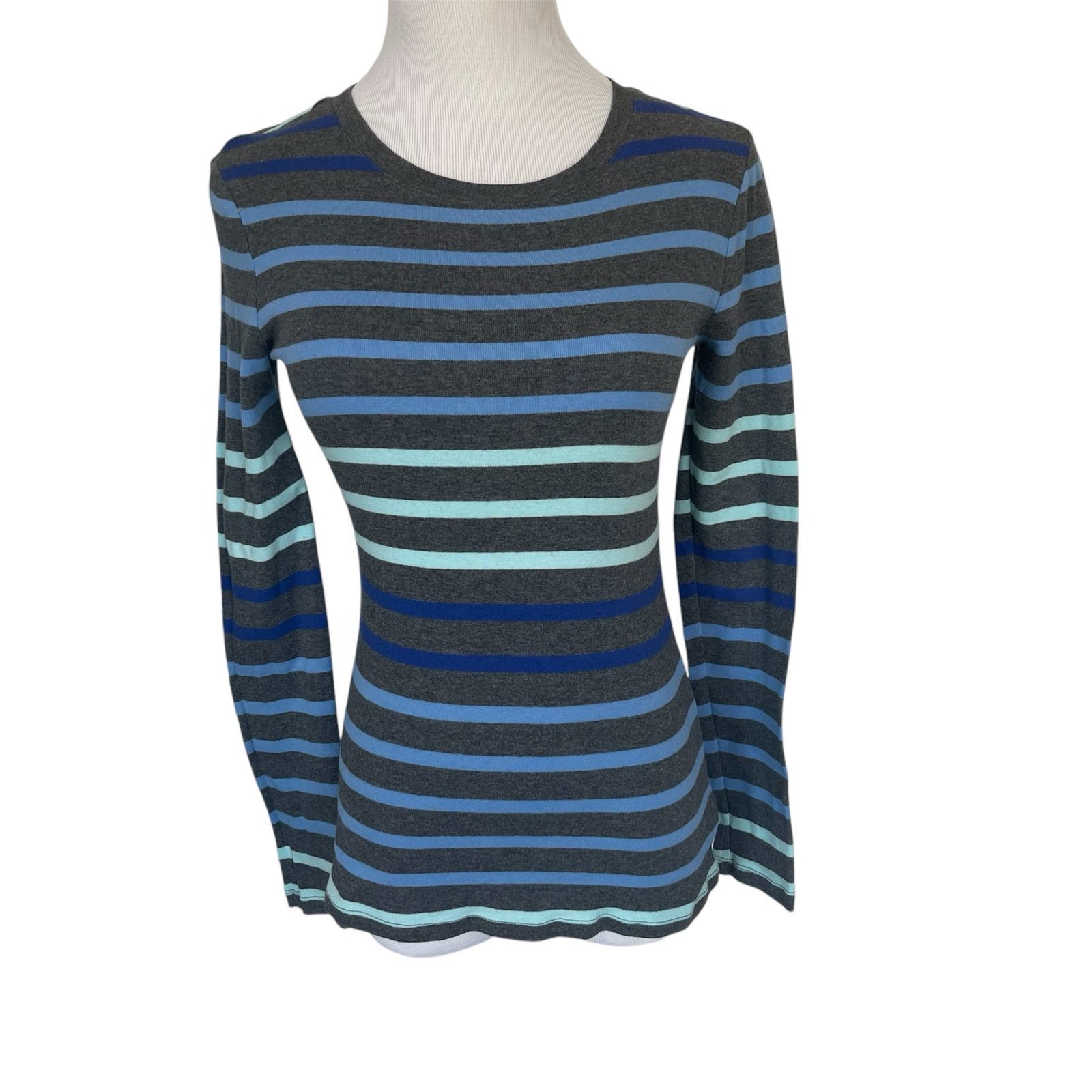 Old Navy Long Sleeve Gray Blue Stripe Casual Tee Shirt Top Cotton Size S / US 4 / IT 40 - 1 Thumbnail