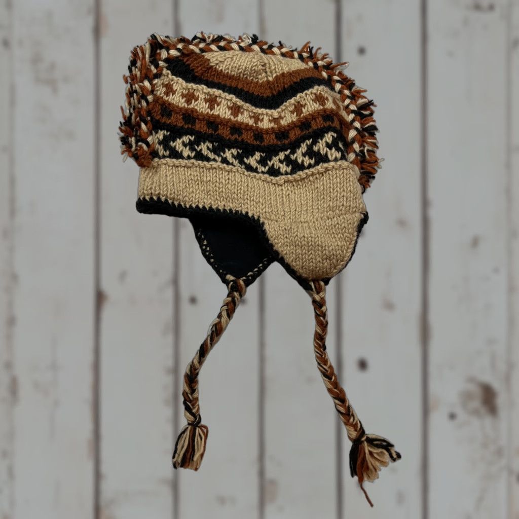 Vintage VINTAGE Brown tan WOOL knit HAT ear flaps BRAIDED MOHAWK Long Knit Hang Ties 3D Tribal Size ONE SIZE - 1 Thumbnail