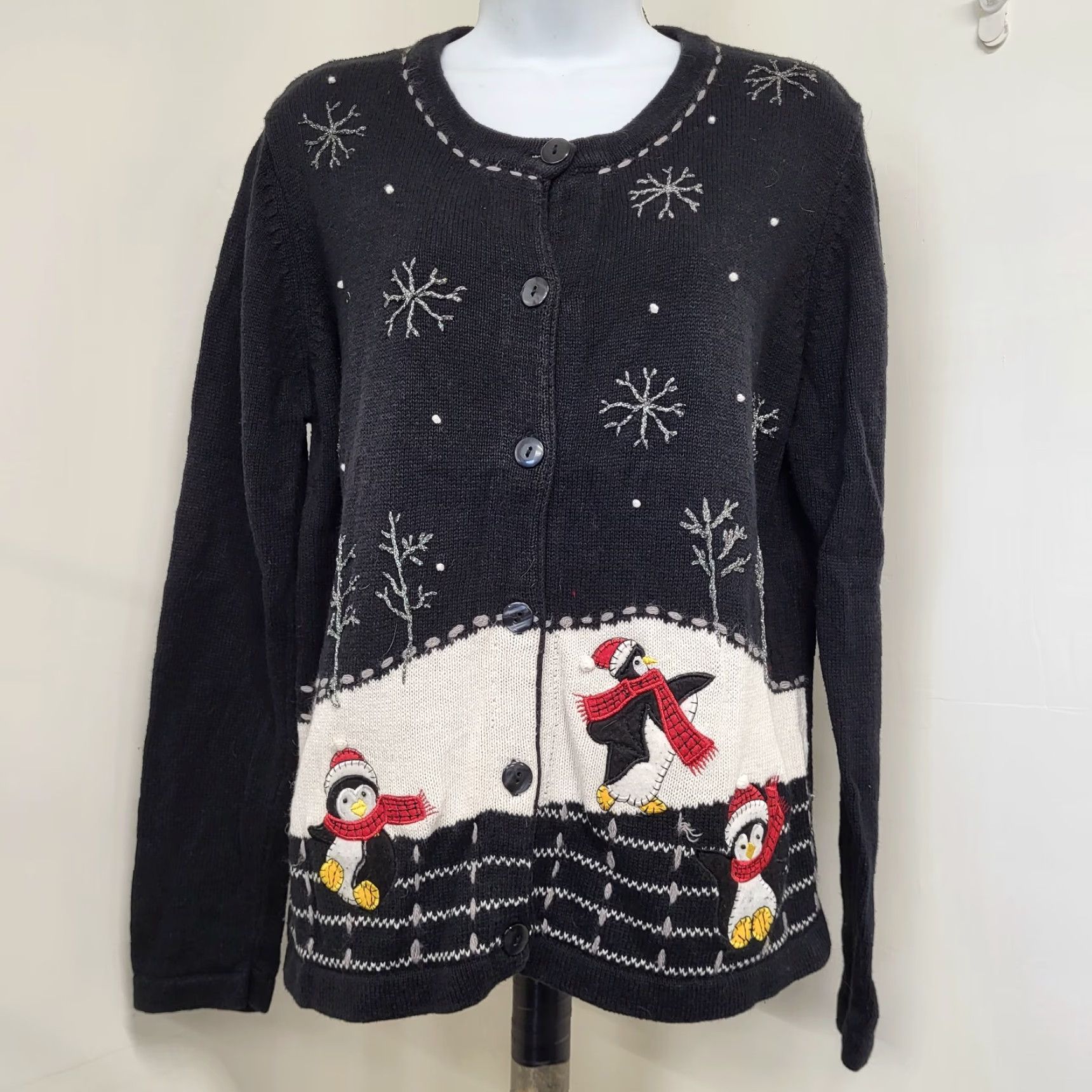 Vintage VINTAGE White Stag Cardigan Womens Large Black Winter Penguin Snowflake Knit Casual Cardigan Winter Snowflake Penguin 80s 90s Christmas Retro Size L / US 10 / IT 46 - 2 Thumbnail