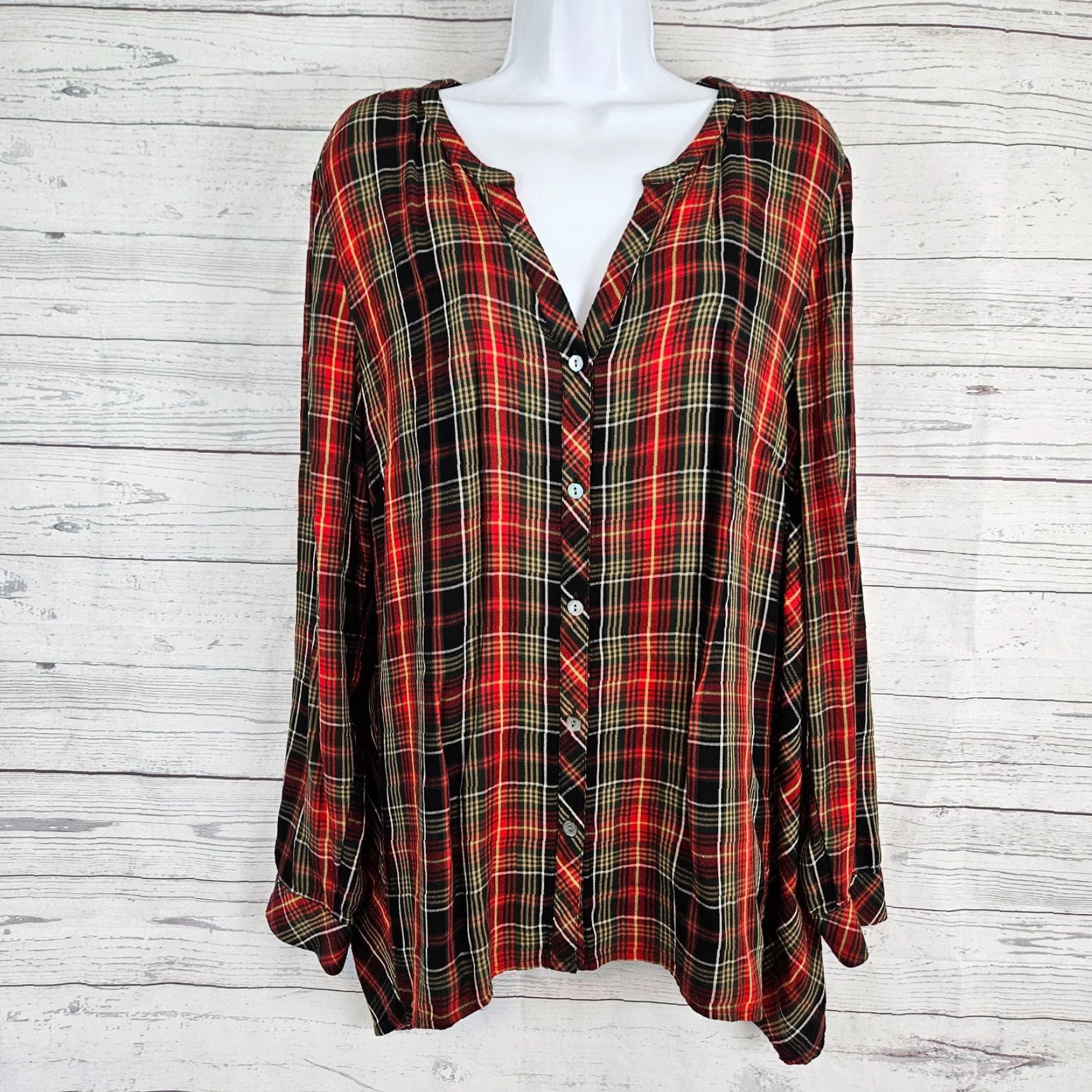 J. Jill J Jill Womens Button Front Top L Red Plaid Rayon Long Sleeve Shirt Size L / US 10 / IT 46 - 2 Thumbnail