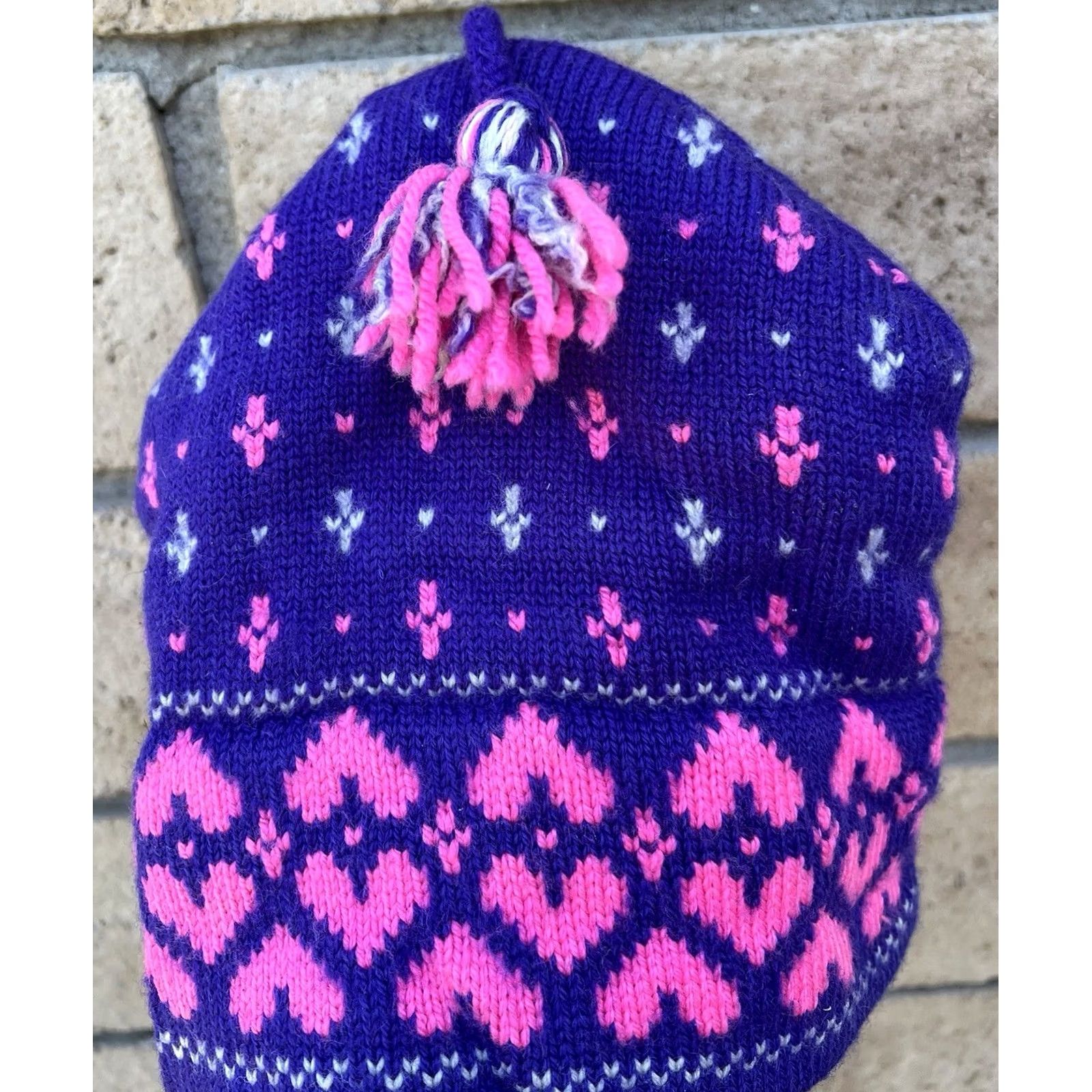 Pinko VINTAGE 80s Wool Ski Beanie Hat Purple Pink Tassel Cap Canada Fair Isle Cappello Size ONE SIZE - 5 Thumbnail