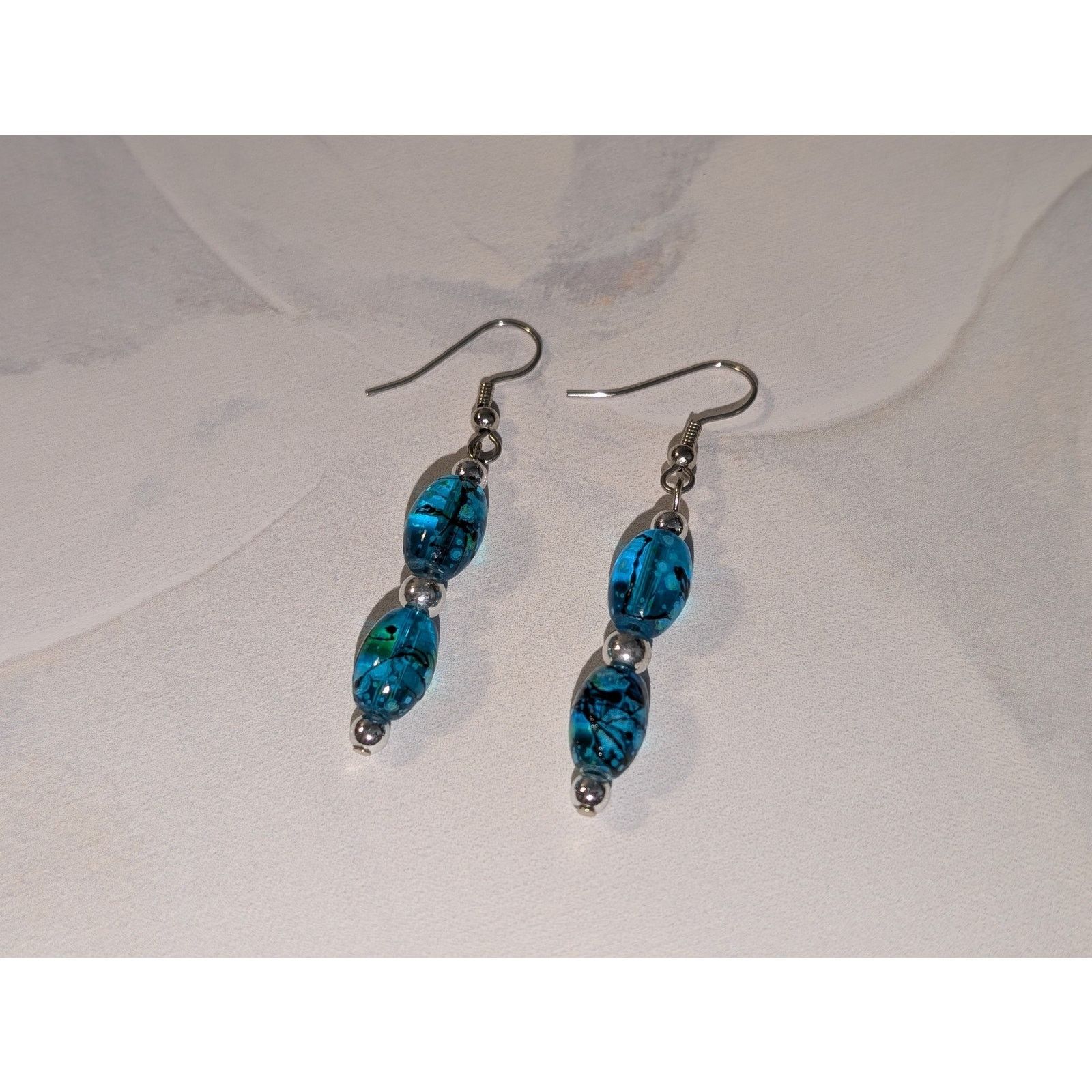 Vintage Vintage 1980 Silver-Tone & Teal Marbled Bead Dangle Earrings Size ONE SIZE - 1 Thumbnail