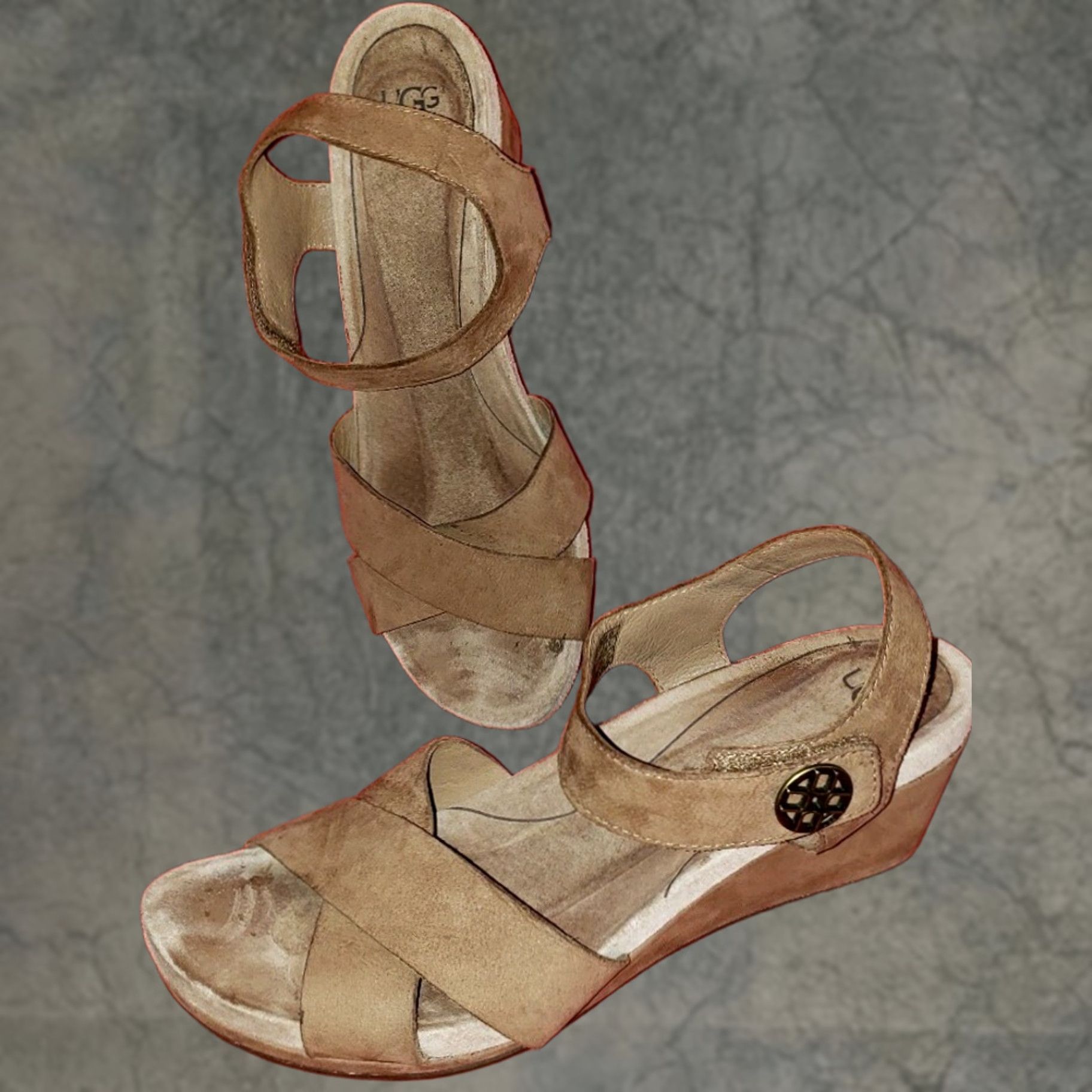 Ugg VINTAGE UGG Australia Veva Wedge T-Strap Sandals Size 8M 39 EU Tan Suede Leather Uppers Womens Sandal Tan Natural 2.25" Heel II Size US 6 / IT 36 - 1 Thumbnail