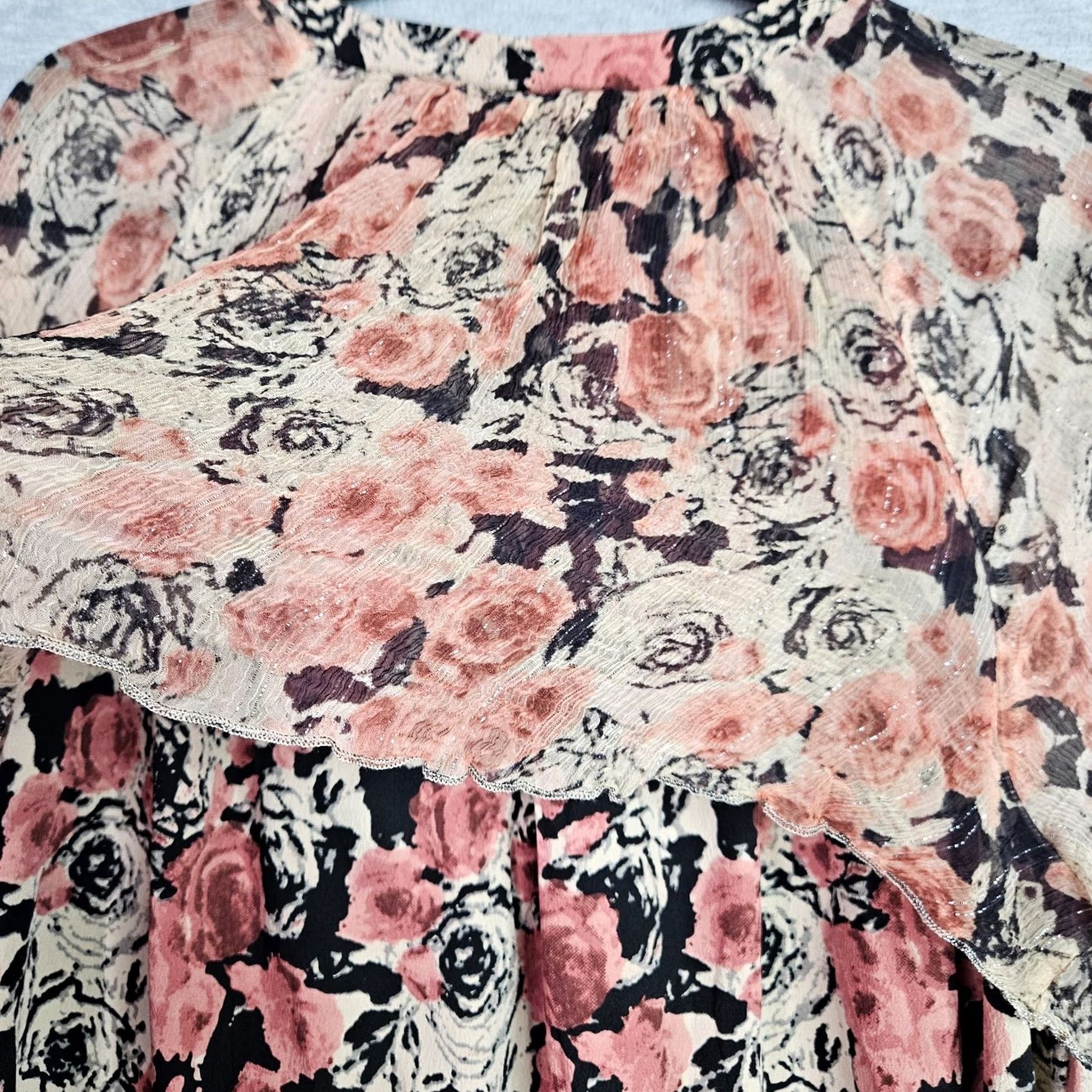 Lucky Brand Lucky Brand Women's Ruffled Rose Printed Lace Up Tiered Blouse 1X Multicolor Floral Short Sleeve Crew Neck Shirt Womens Size XL / US 12-14 / IT 48-50 - 6 Thumbnail
