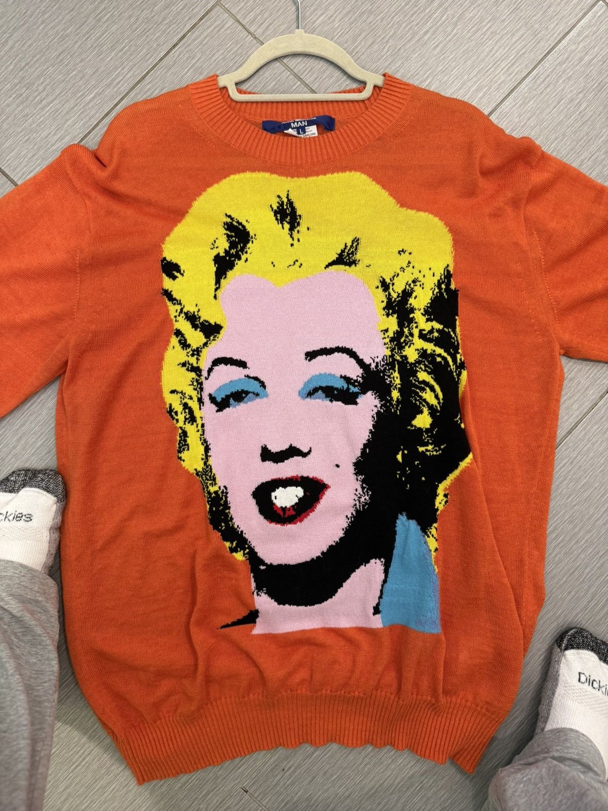 Junya watanabe commes des garcons orange knit sweater warhol