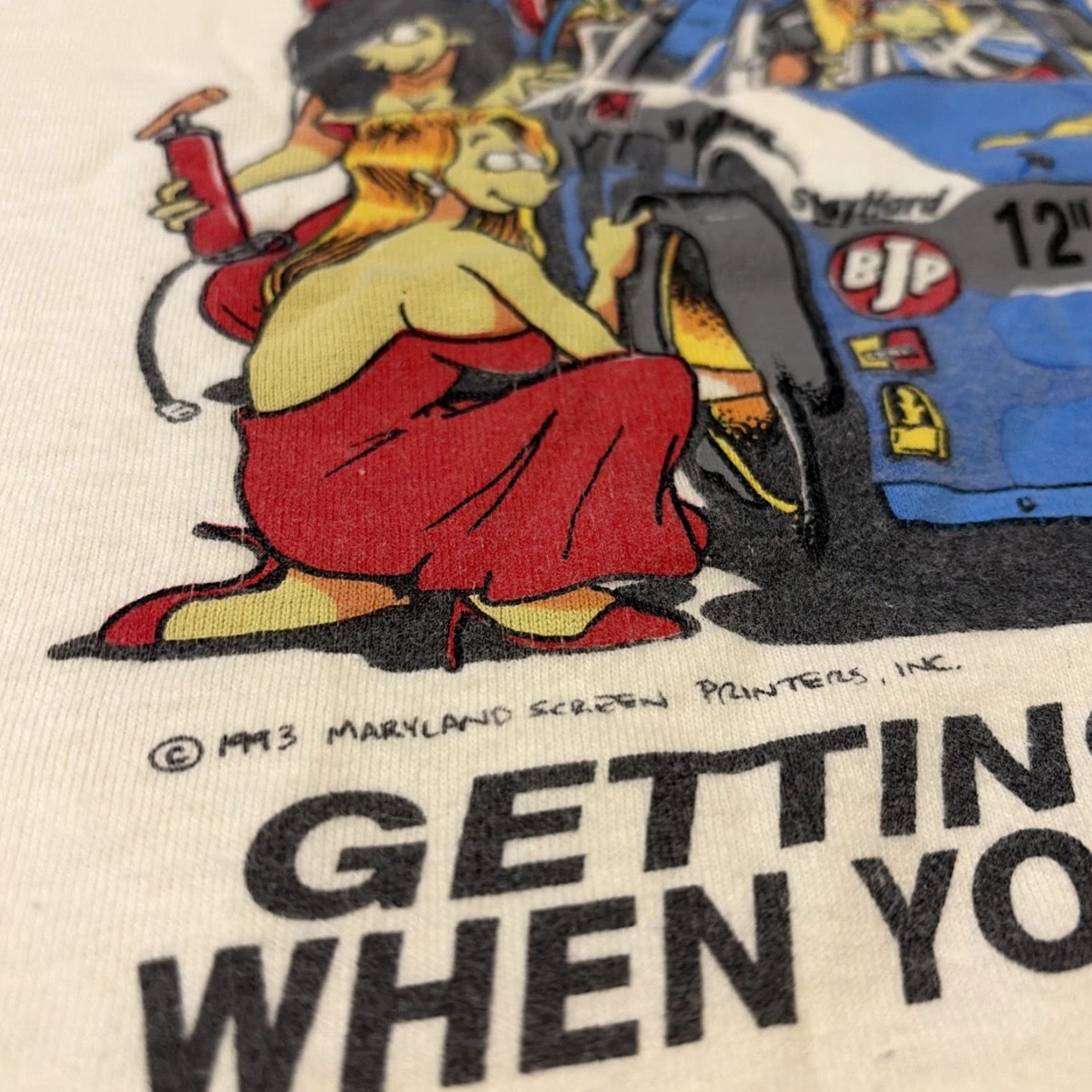 Big John VINTAGE 1993 Big Johnson Pit Crew Racing Raunchy Funny Comic White T-Shirt XL Mens Size US XL / EU 56 / 4 - 4 Thumbnail