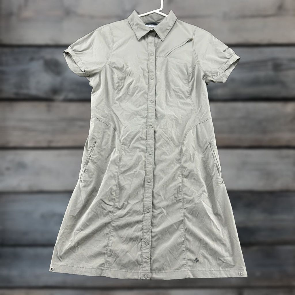 Vintage Columbia Dress Womens Large Beige Maxi Button Up Short Sleeve Omni Shade Solid Maxi Sundress Beach Outdoor Wall? Size 36" / US 14 / IT 50 - 1 Thumbnail